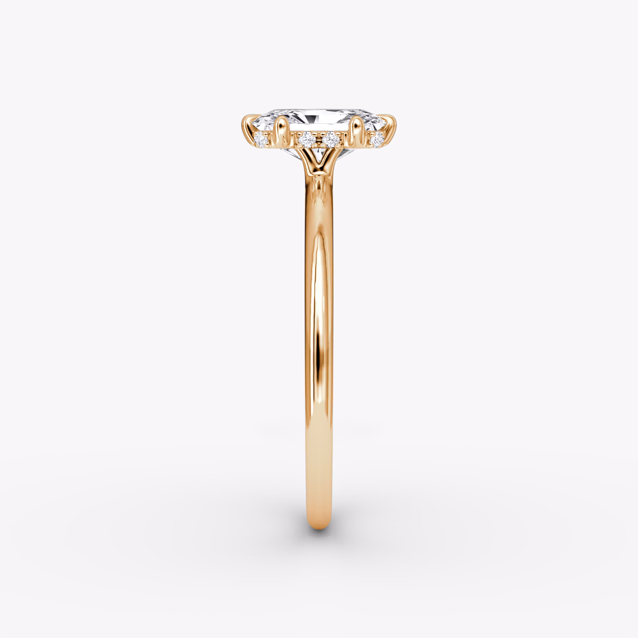 The Signature 6 Prong | Radiant | 14k | Rose Gold | bandAccent: Plain | bandWidth: standard | hiddenHalo: yes | diamondOrientation: vertical | caratWeight: other