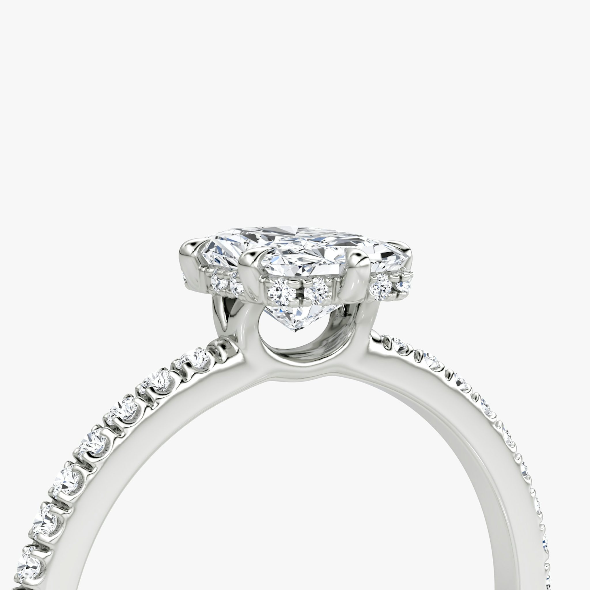 The Signature 6 Prong | Radiant | 18k | White Gold | bandAccent: Pavé | bandWidth: standard | hiddenHalo: yes | diamondOrientation: vertical | caratWeight: other