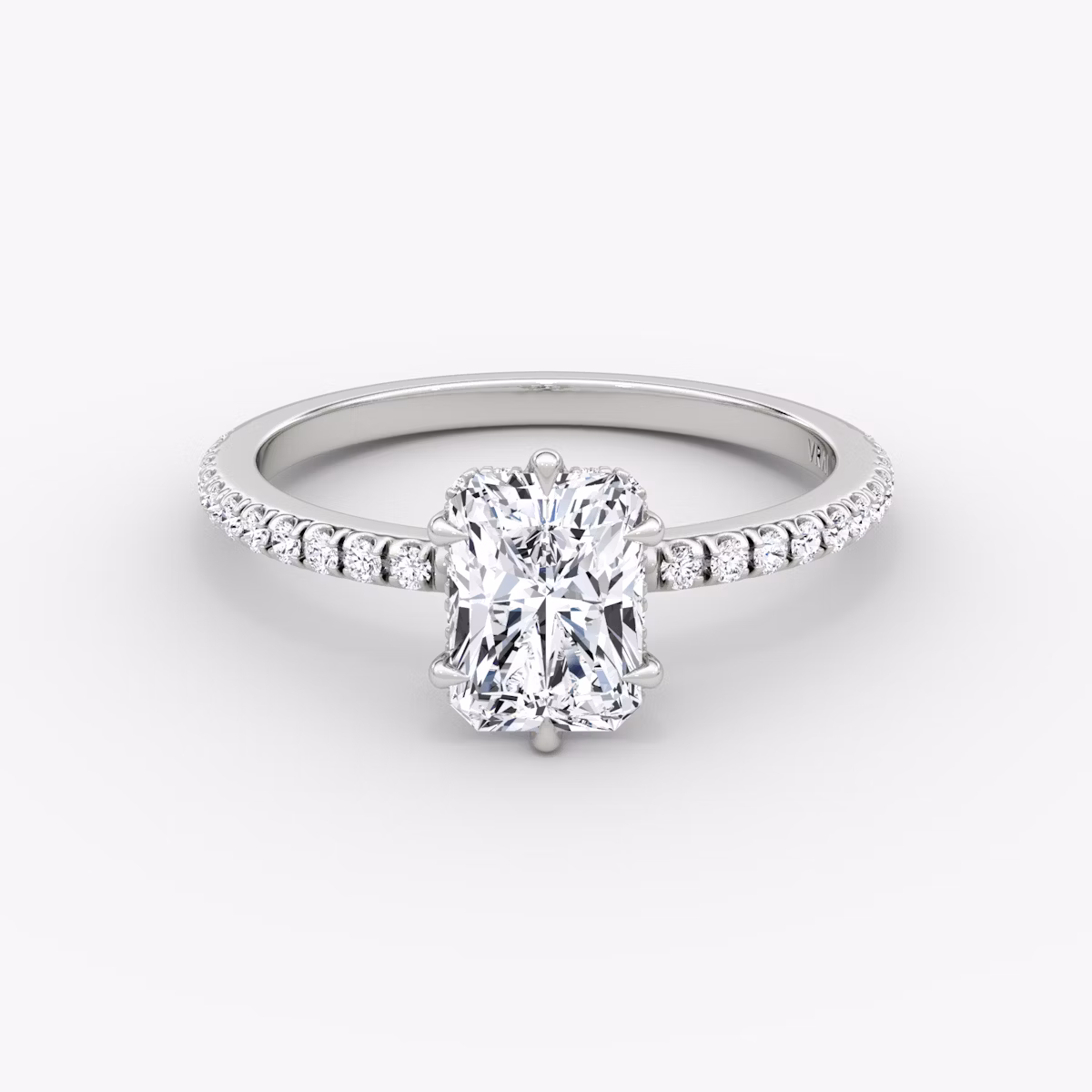 The Signature 6 Prong | Radiant | 18k | White Gold | bandAccent: Pavé | bandWidth: standard | hiddenHalo: yes | diamondOrientation: vertical | caratWeight: other