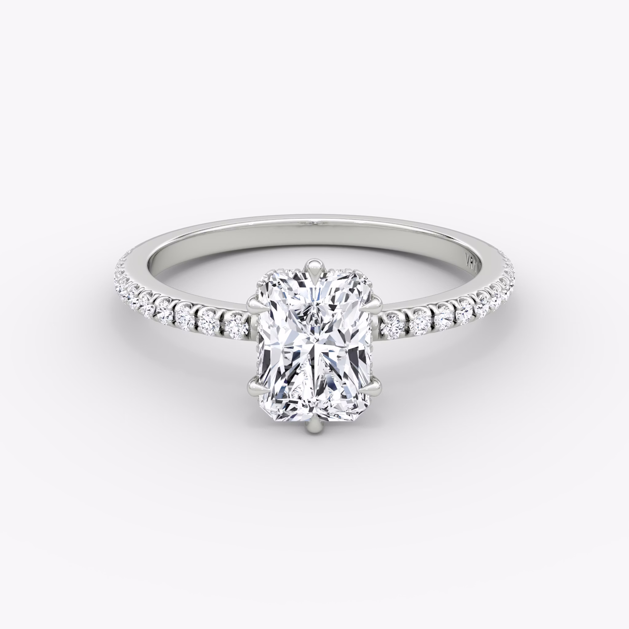 The Signature 6 Prong | Radiant | 18k | White Gold | bandAccent: Pavé | bandWidth: standard | hiddenHalo: yes | diamondOrientation: vertical | caratWeight: other