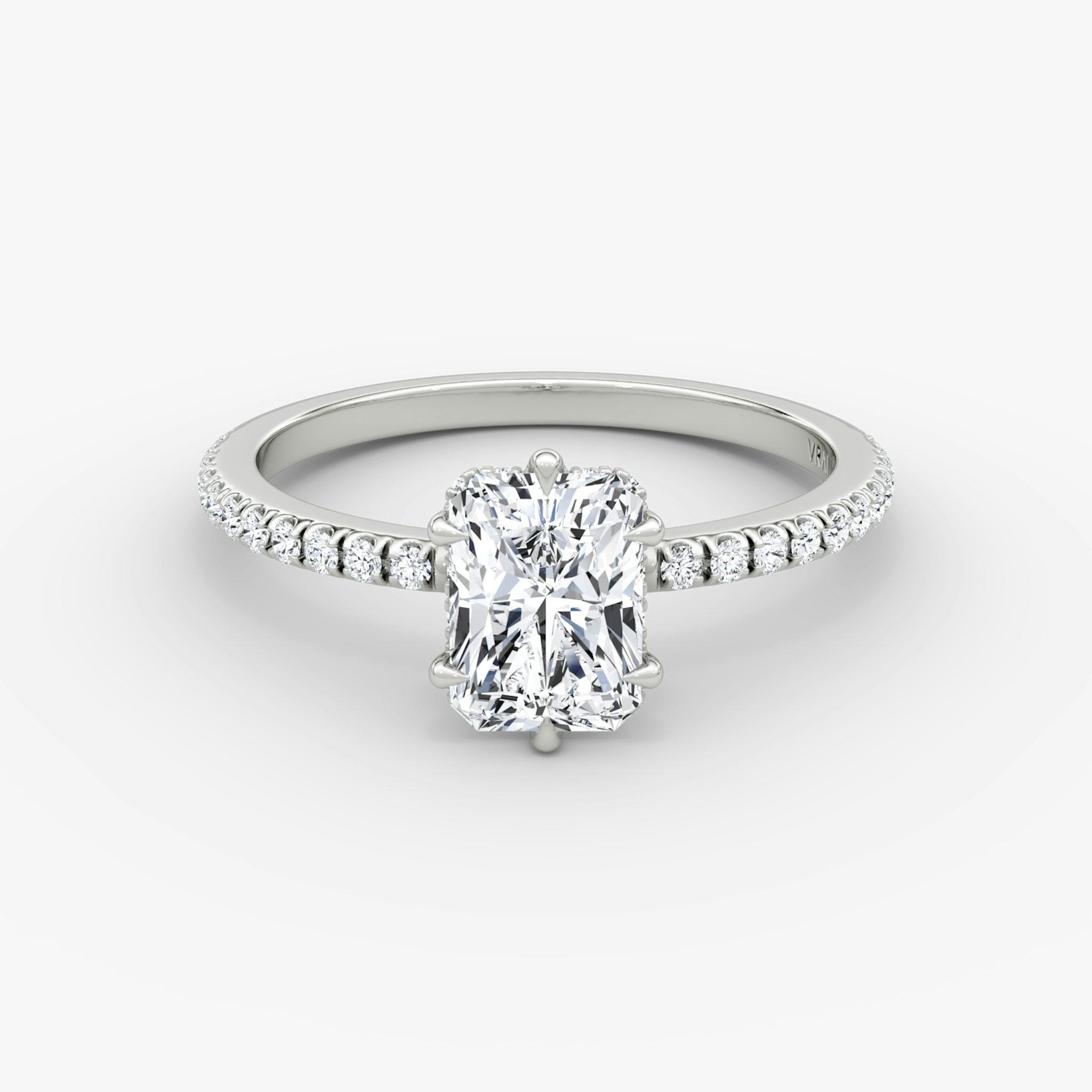 The Signature 6 Prong | Radiant | 18k | White Gold | bandAccent: Pavé | bandWidth: standard | hiddenHalo: yes | diamondOrientation: vertical | caratWeight: other