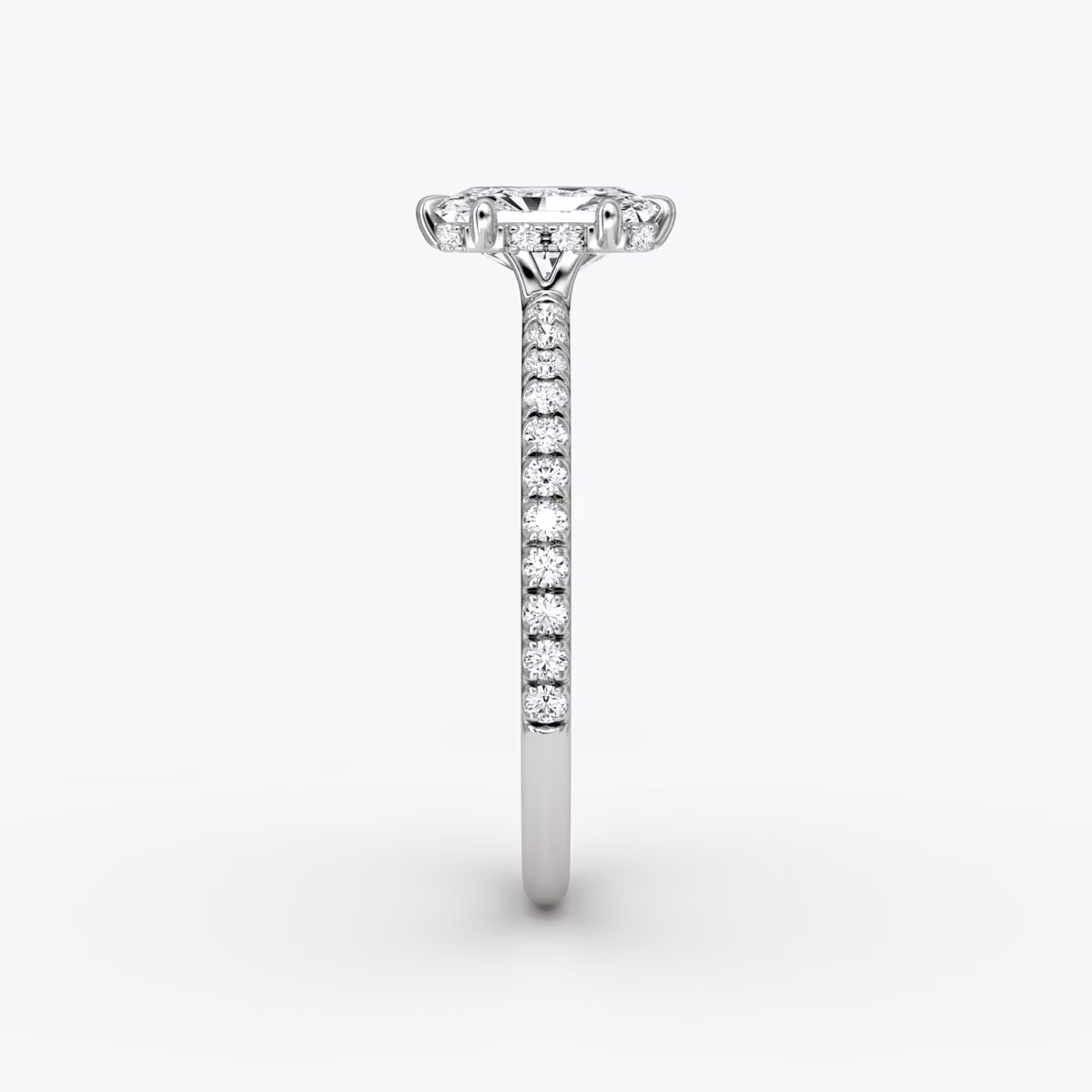 The Signature 6 Prong | Radiant | 18k | White Gold | bandAccent: Pavé | bandWidth: standard | hiddenHalo: yes | diamondOrientation: vertical | caratWeight: other