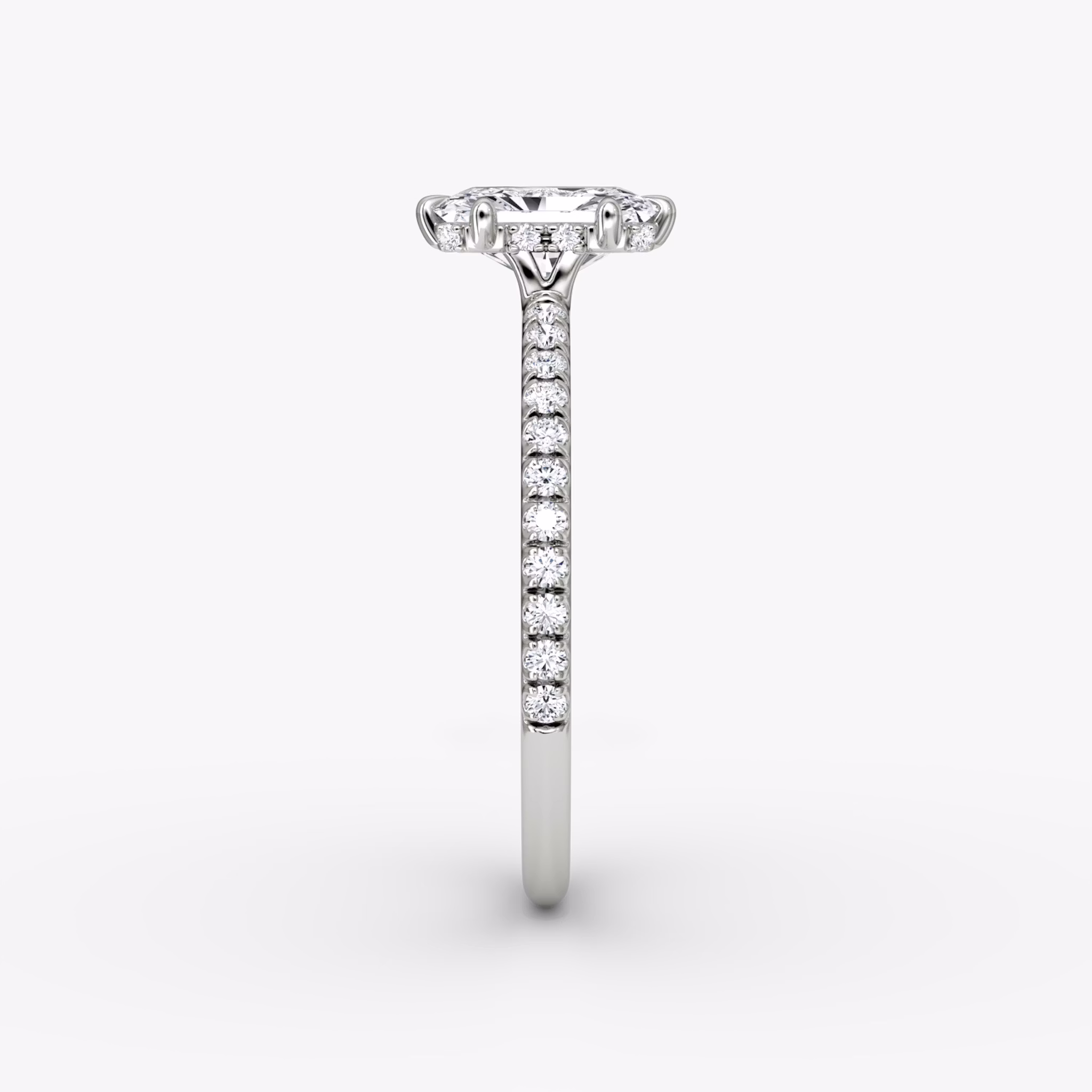 The Signature 6 Prong | Radiant | 18k | White Gold | bandAccent: Pavé | bandWidth: standard | hiddenHalo: yes | diamondOrientation: vertical | caratWeight: other