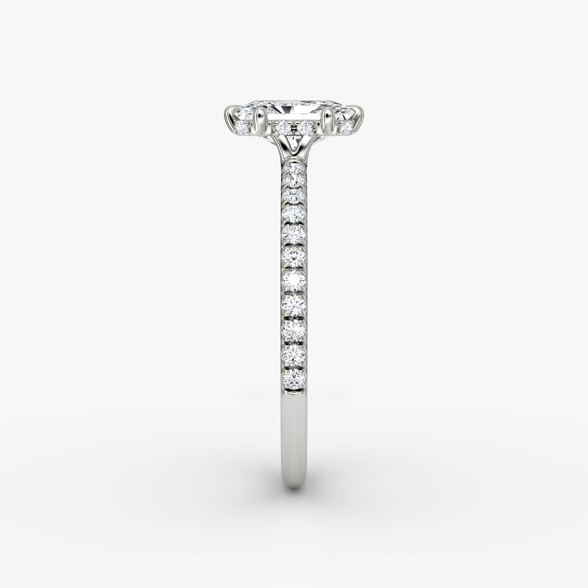 The Signature 6 Prong | Radiant | 18k | White Gold | bandAccent: Pavé | bandWidth: standard | hiddenHalo: yes | diamondOrientation: vertical | caratWeight: other