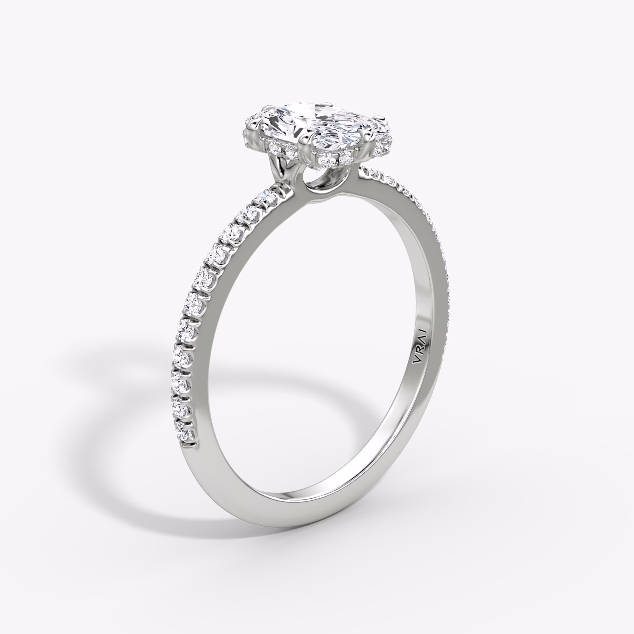 The Signature 6 Prong | Radiant | 18k | White Gold | bandAccent: Pavé | bandWidth: standard | hiddenHalo: yes | diamondOrientation: vertical | caratWeight: other