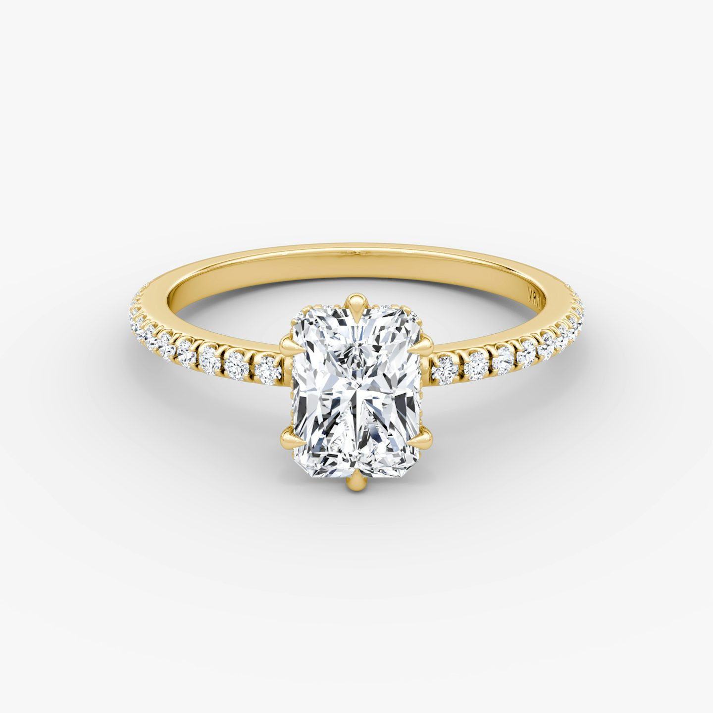 The Signature 6 Prong | Radiant | 18k | Yellow Gold | bandAccent: Pavé | bandWidth: standard | hiddenHalo: yes | diamondOrientation: vertical | caratWeight: other