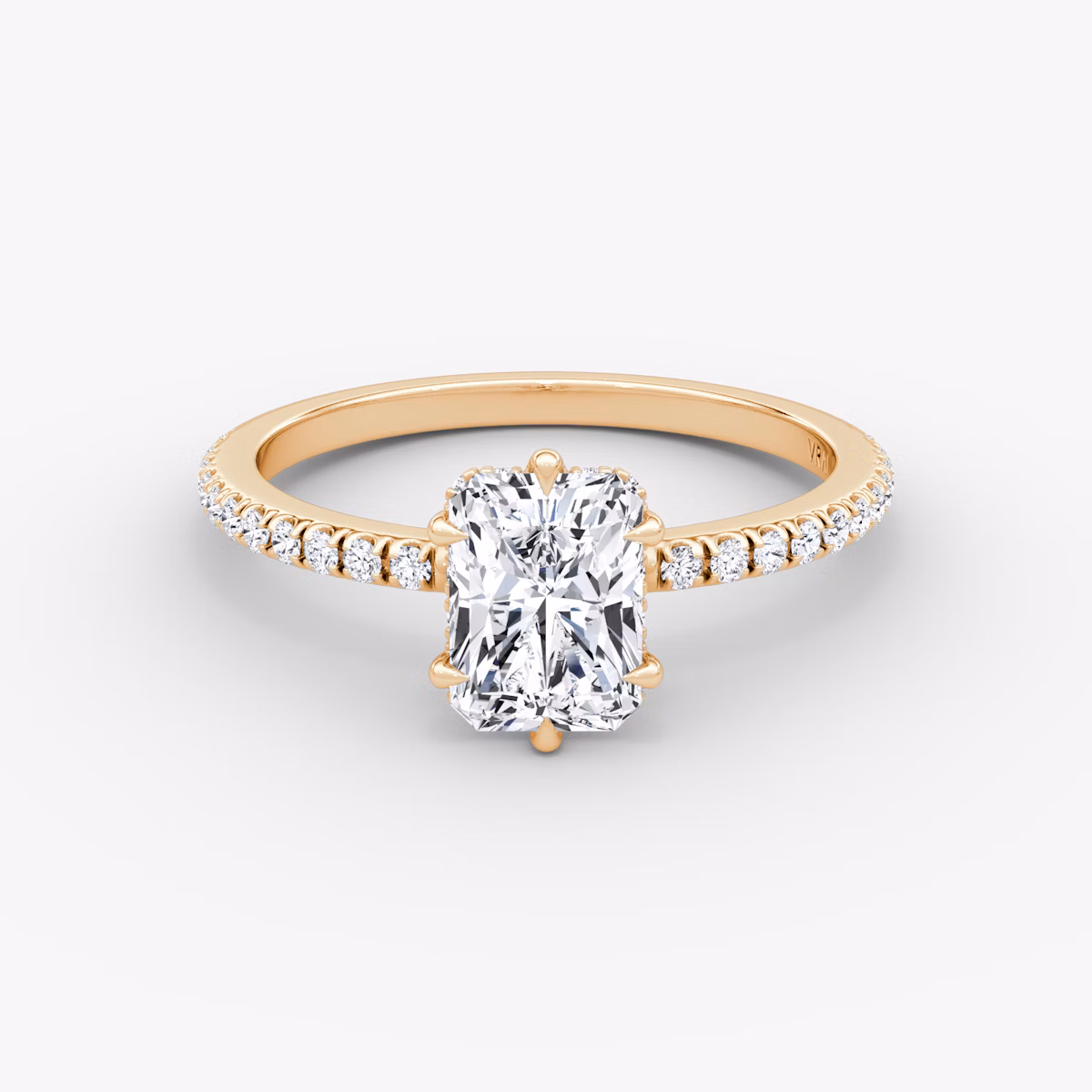 The Signature 6 Prong | Radiant | 14k | Rose Gold | bandAccent: Pavé | bandWidth: standard | hiddenHalo: yes | diamondOrientation: vertical | caratWeight: other