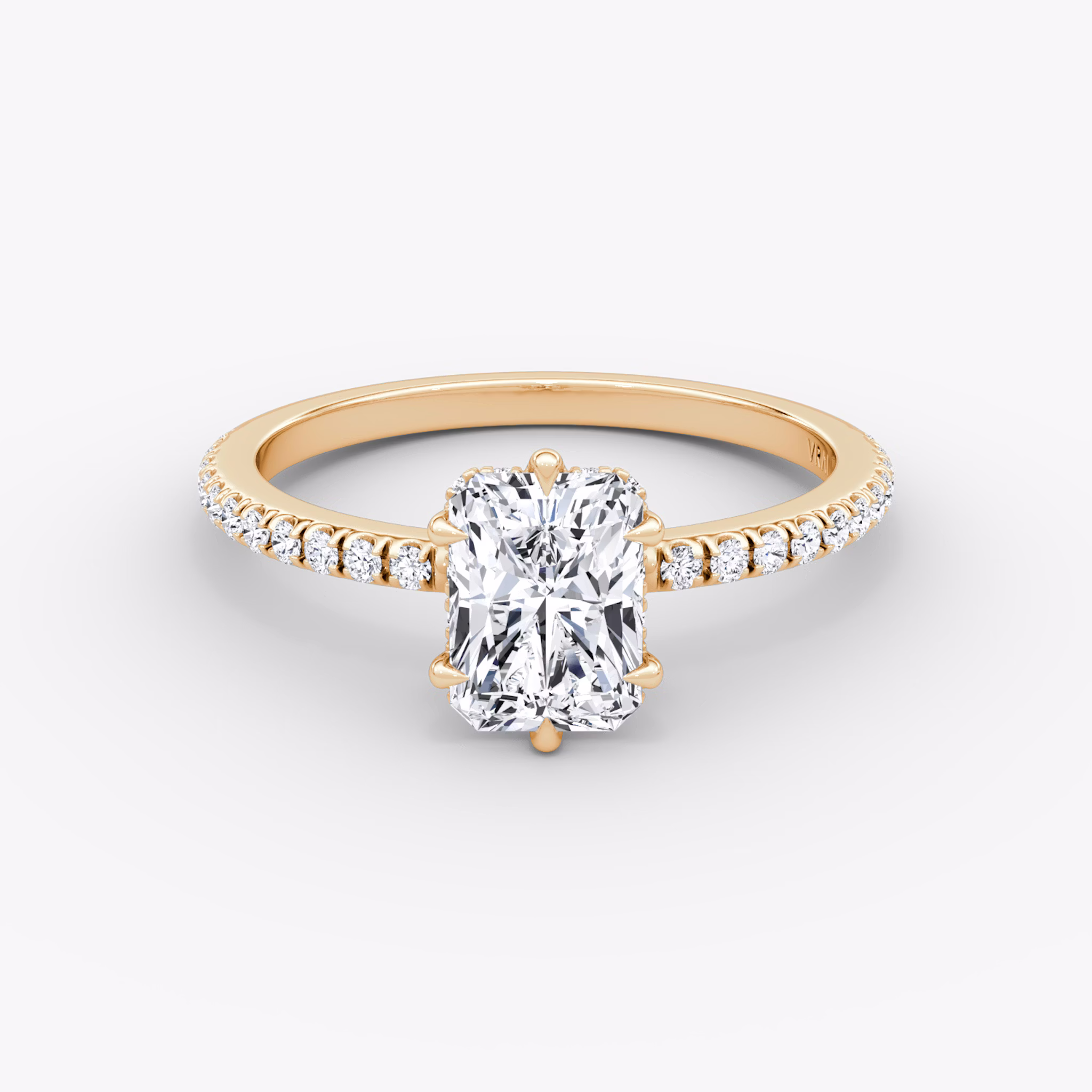 The Signature 6 Prong | Radiant | 14k | Rose Gold | bandAccent: Pavé | bandWidth: standard | hiddenHalo: yes | diamondOrientation: vertical | caratWeight: other