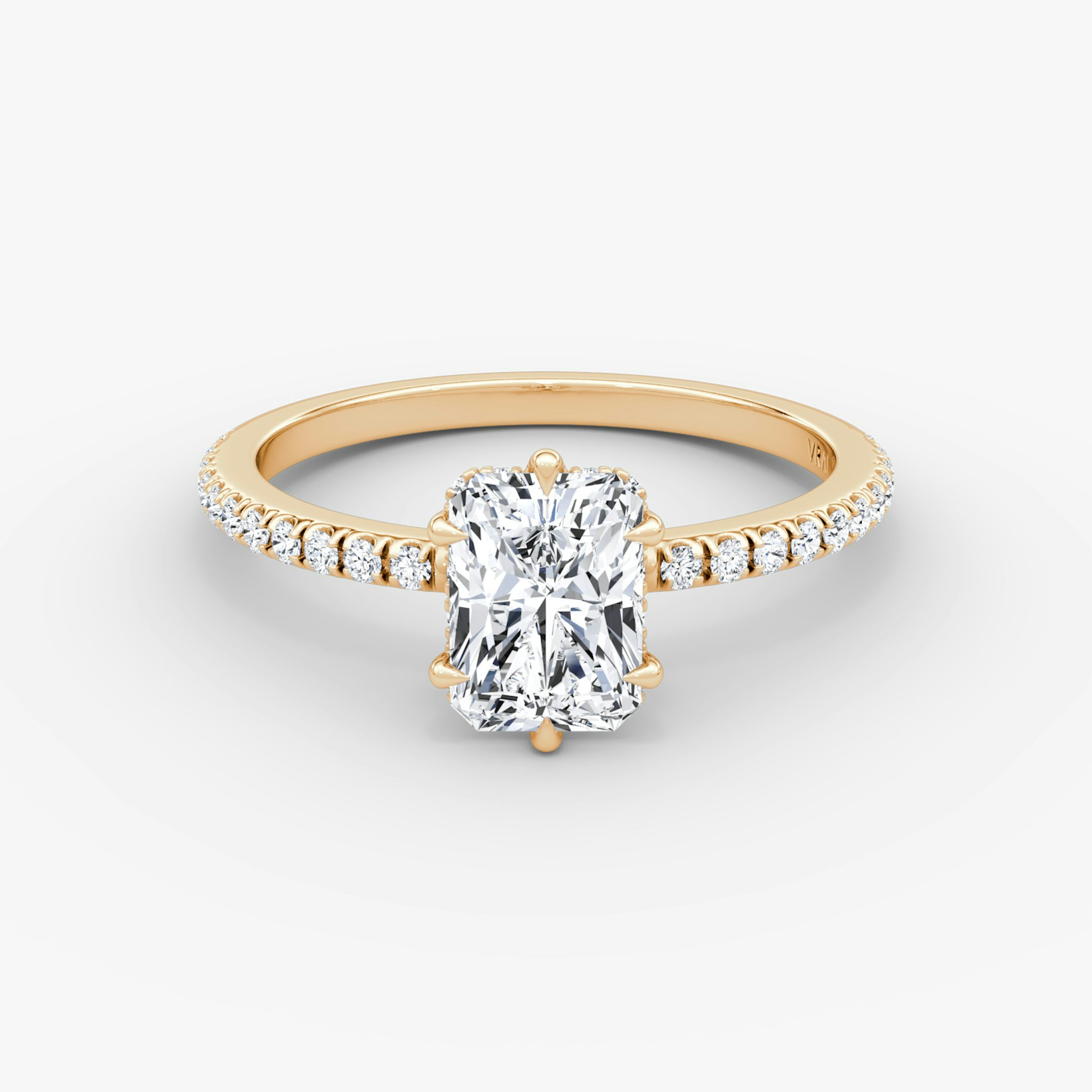 The Signature 6 Prong | Radiant | 14k | Rose Gold | bandAccent: Pavé | bandWidth: standard | hiddenHalo: yes | diamondOrientation: vertical | caratWeight: other