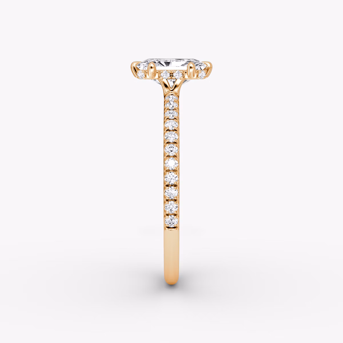 The Signature 6 Prong | Radiant | 14k | Rose Gold | bandAccent: Pavé | bandWidth: standard | hiddenHalo: yes | diamondOrientation: vertical | caratWeight: other