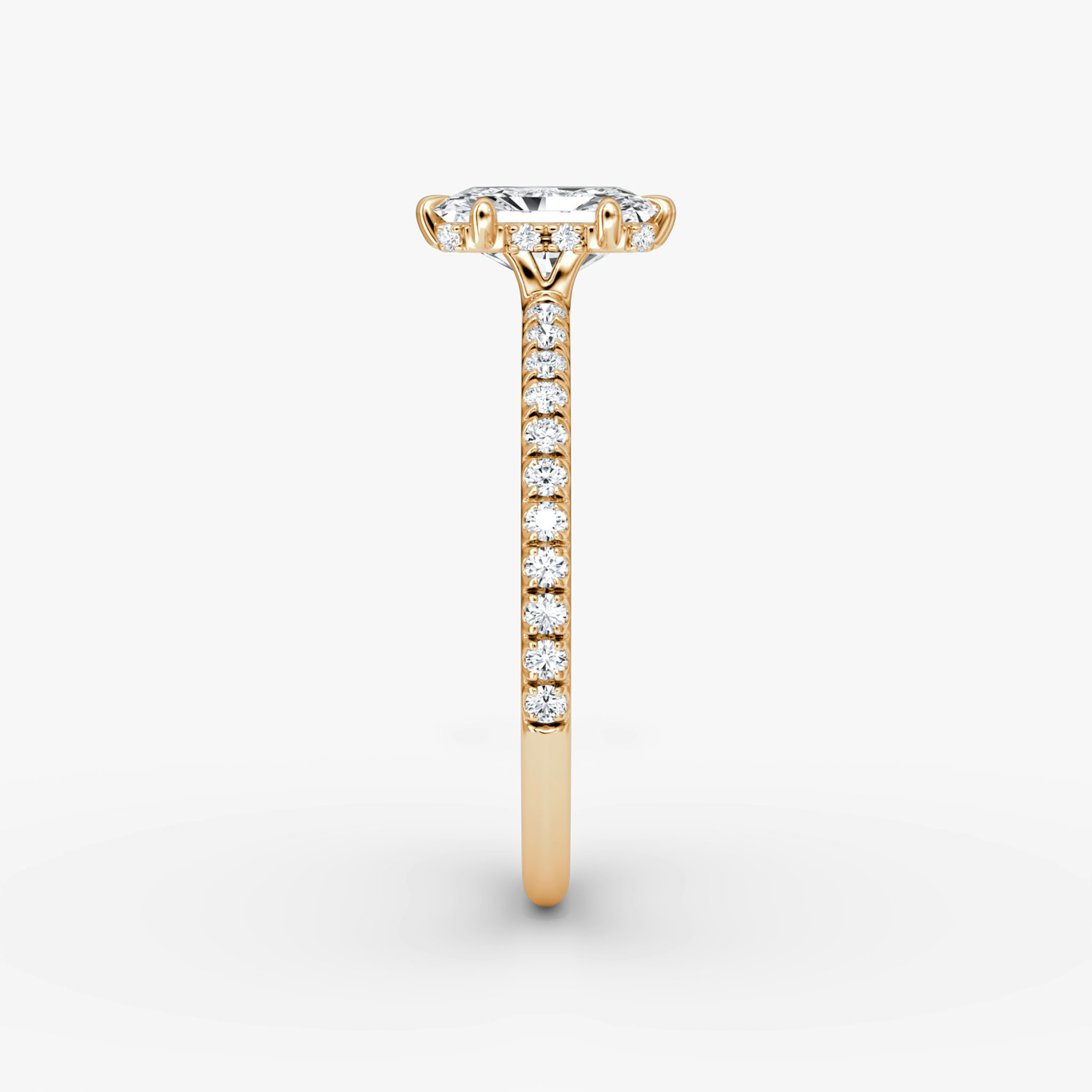 The Signature 6 Prong | Radiant | 14k | Rose Gold | bandAccent: Pavé | bandWidth: standard | hiddenHalo: yes | diamondOrientation: vertical | caratWeight: other