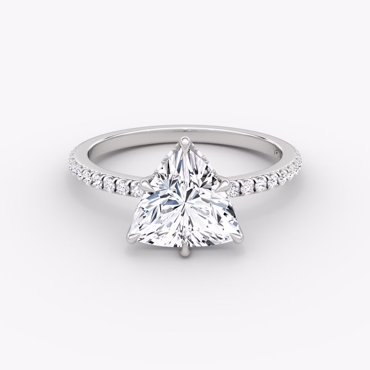 The Signature 6 Prong | Trillion | 18k | White Gold | bandAccent: Pavé | bandWidth: standard | hiddenHalo: yes | diamondOrientation: vertical | caratWeight: other