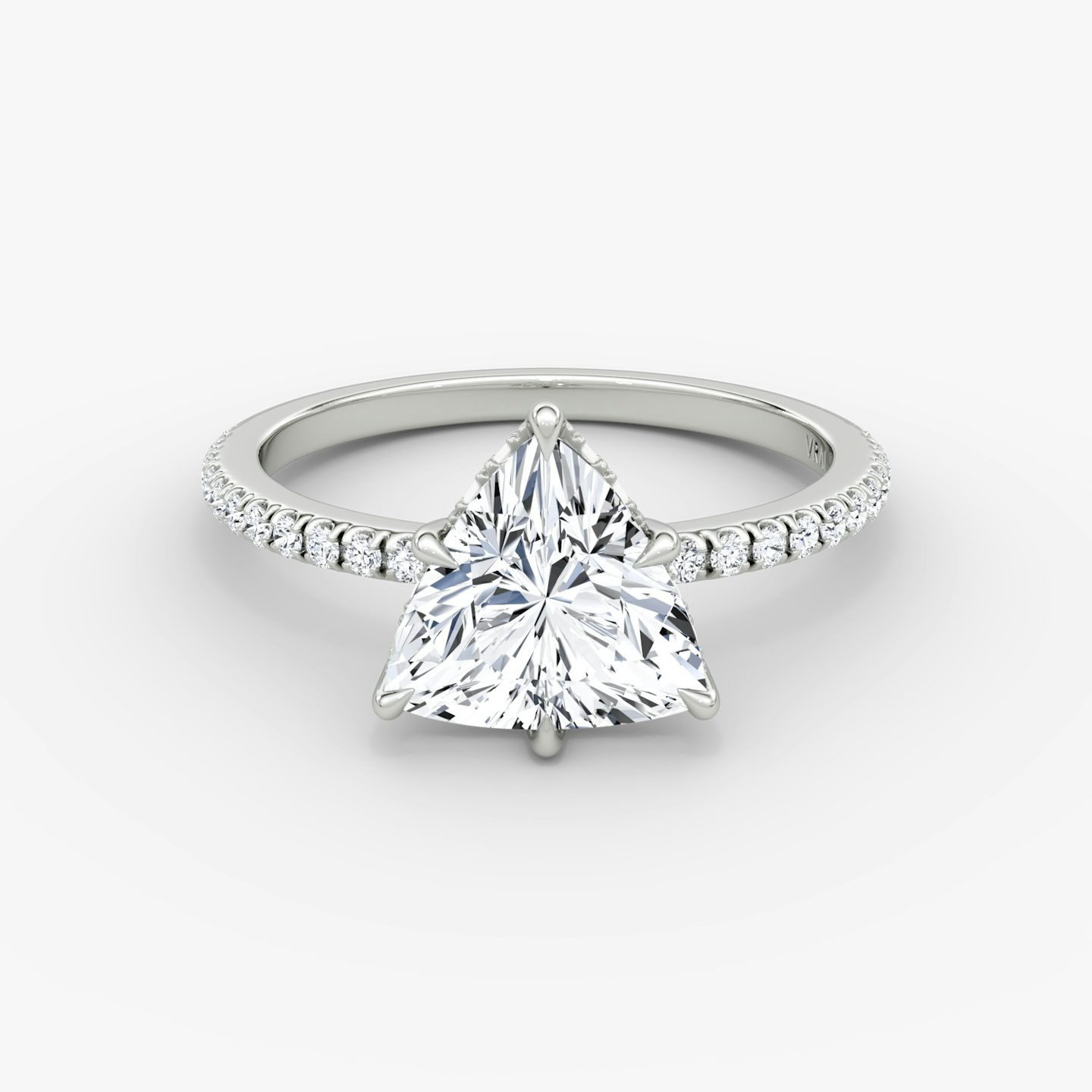 The Signature 6 Prong | Trillion | 18k | White Gold | bandAccent: Pavé | bandWidth: standard | hiddenHalo: yes | diamondOrientation: vertical | caratWeight: other