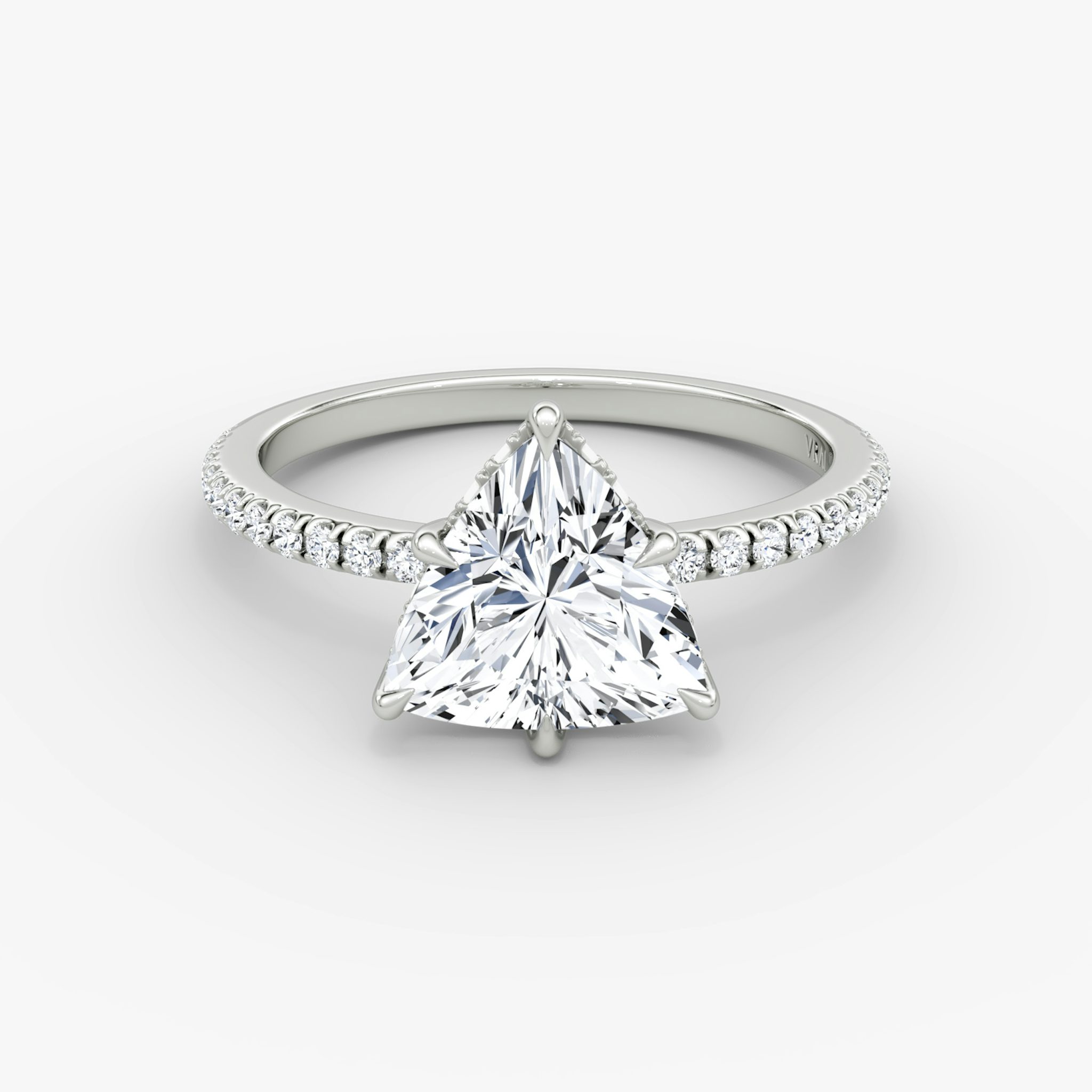 The Signature 6 Prong | Trillion | 18k | White Gold | bandAccent: Pavé | bandWidth: standard | hiddenHalo: yes | diamondOrientation: vertical | caratWeight: other