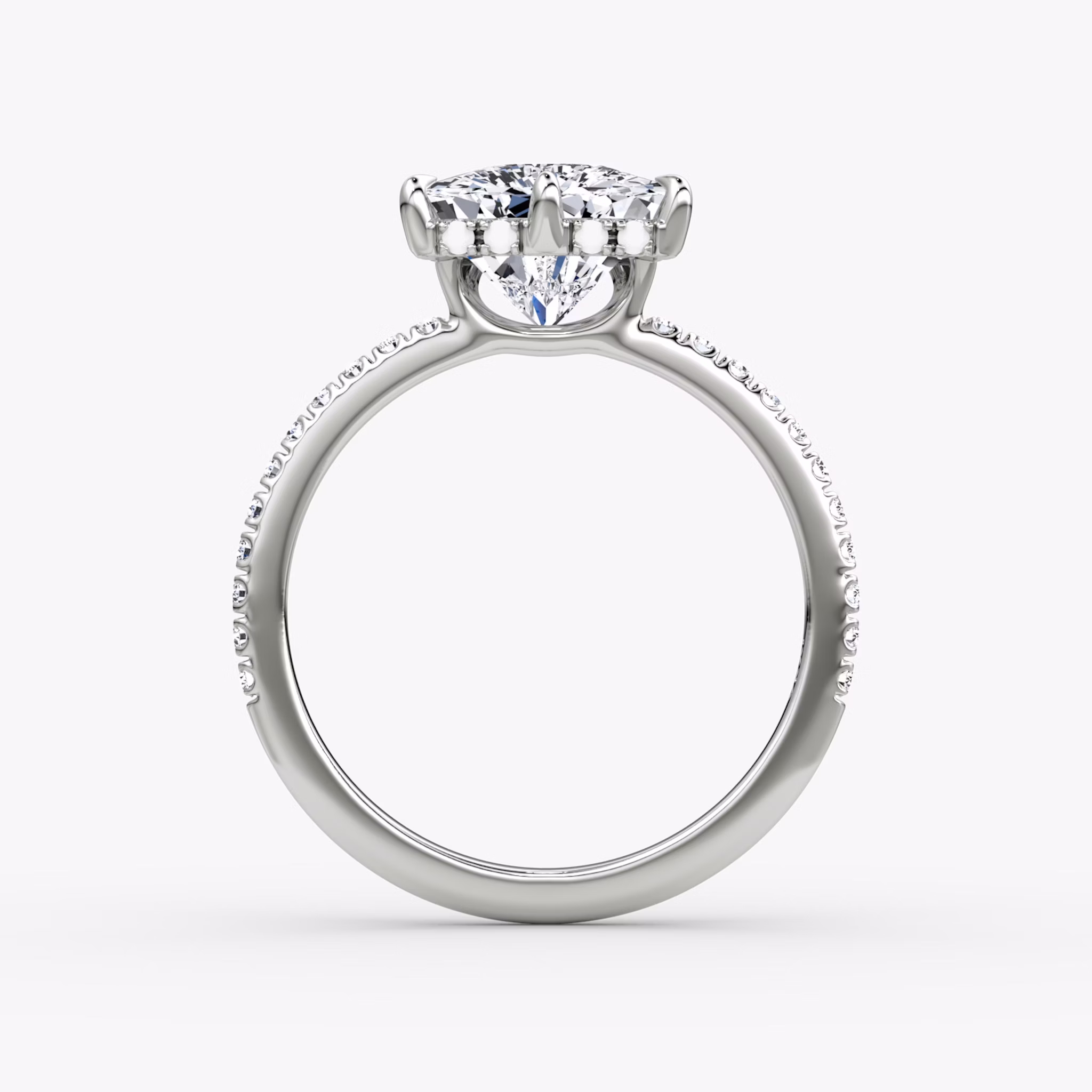 The Signature 6 Prong | Trillion | 18k | White Gold | bandAccent: Pavé | bandWidth: standard | hiddenHalo: yes | diamondOrientation: vertical | caratWeight: other