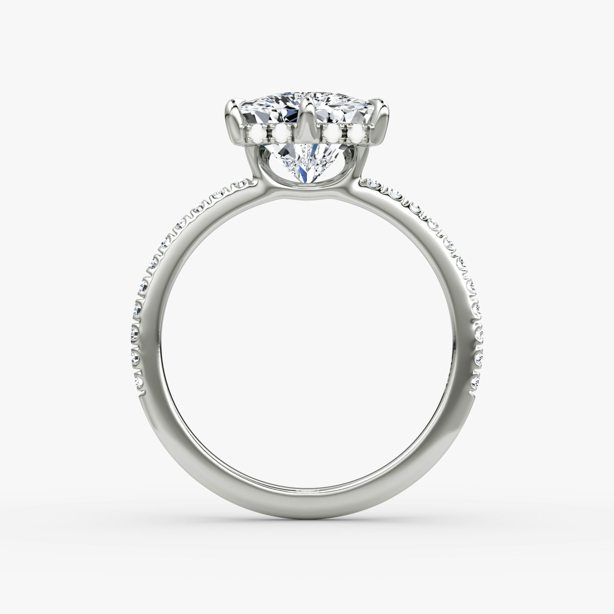 The Signature 6 Prong | Trillion | 18k | White Gold | bandAccent: Pavé | bandWidth: standard | hiddenHalo: yes | diamondOrientation: vertical | caratWeight: other