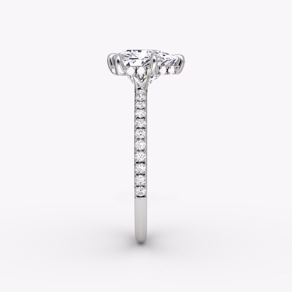 The Signature 6 Prong | Trillion | 18k | White Gold | bandAccent: Pavé | bandWidth: standard | hiddenHalo: yes | diamondOrientation: vertical | caratWeight: other