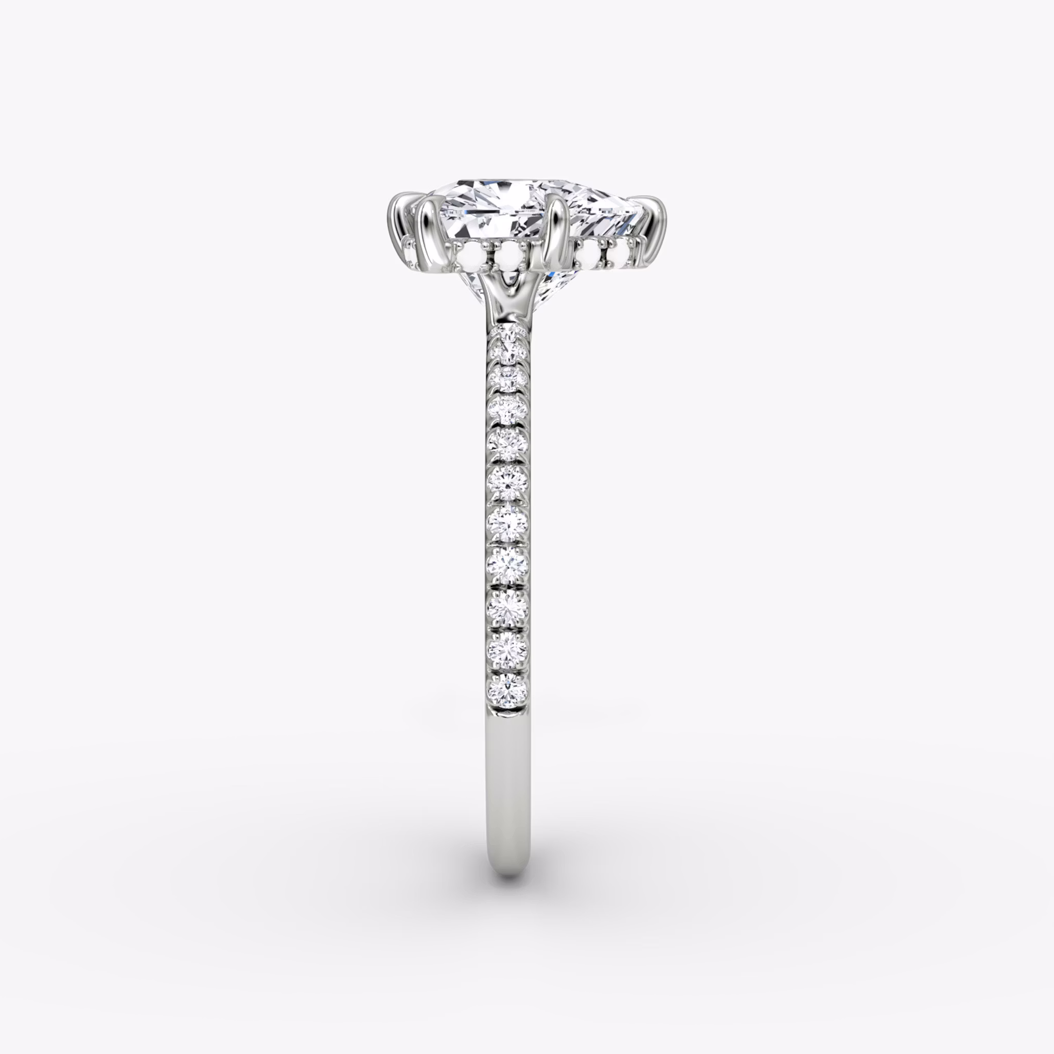 The Signature 6 Prong | Trillion | 18k | White Gold | bandAccent: Pavé | bandWidth: standard | hiddenHalo: yes | diamondOrientation: vertical | caratWeight: other