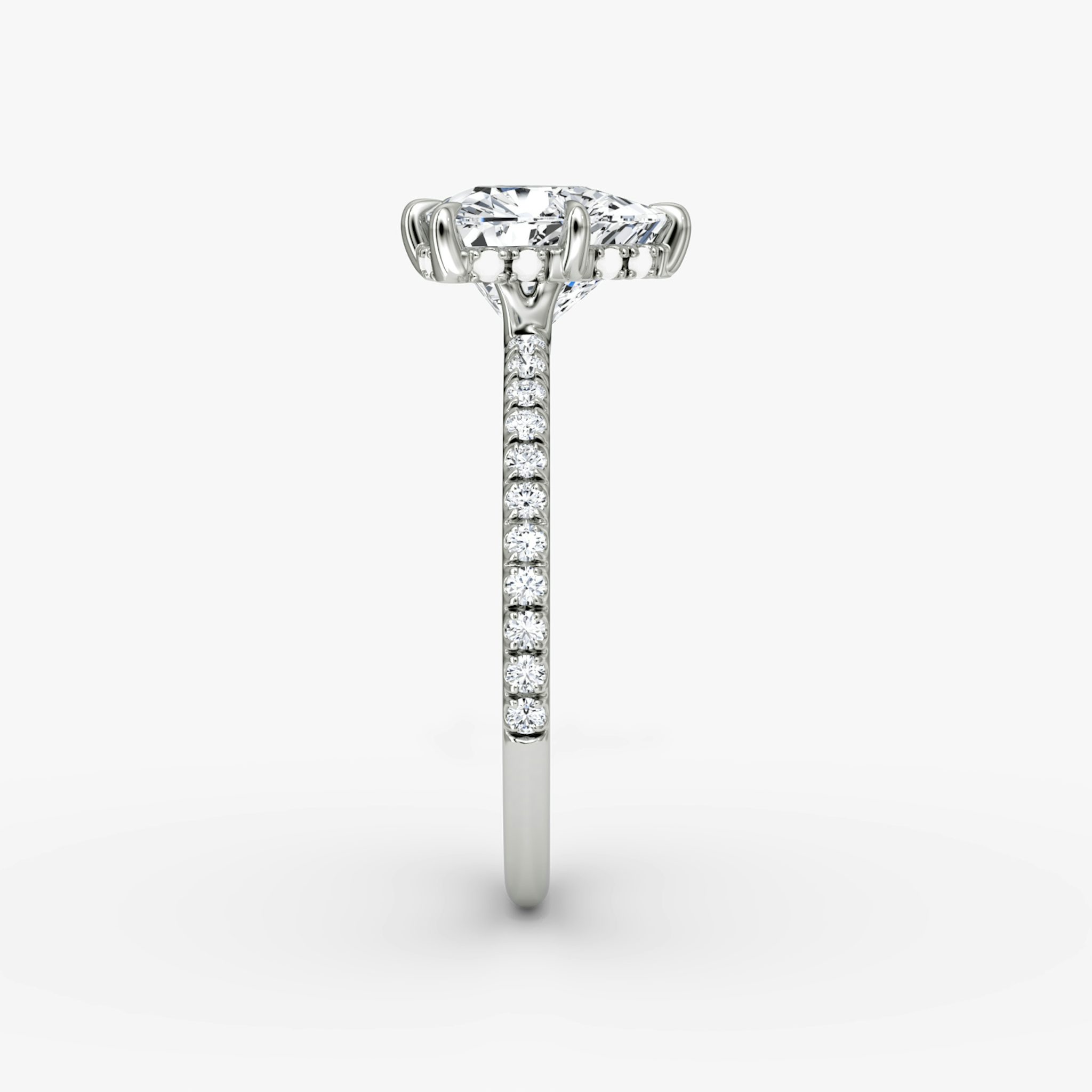 The Signature 6 Prong | Trillion | 18k | White Gold | bandAccent: Pavé | bandWidth: standard | hiddenHalo: yes | diamondOrientation: vertical | caratWeight: other
