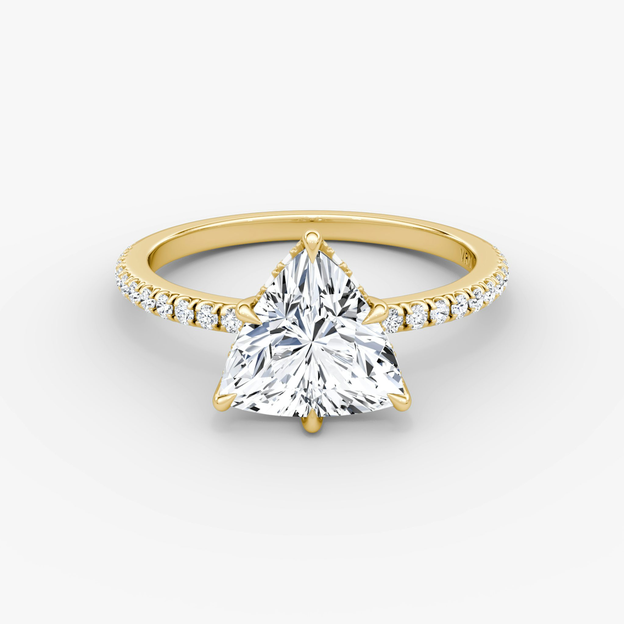 The Signature 6 Prong | Trillion | 18k | Yellow Gold | bandAccent: Pavé | bandWidth: standard | hiddenHalo: yes | diamondOrientation: vertical | caratWeight: other