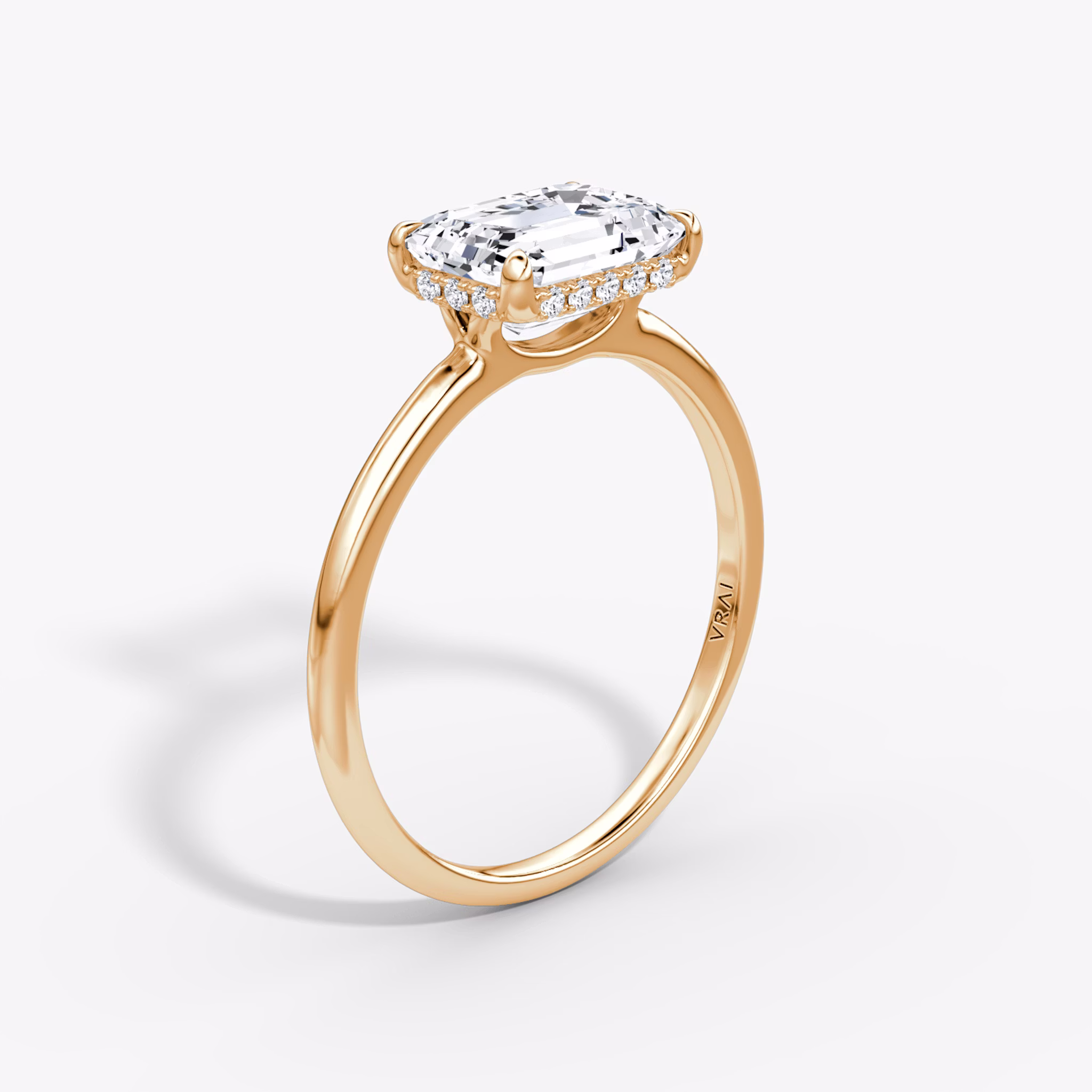 The Signature | Emerald | 14k | Rose Gold | bandAccent: Plain | bandWidth: standard | diamondOrientation: horizontal | hiddenHalo: yes | caratWeight: other