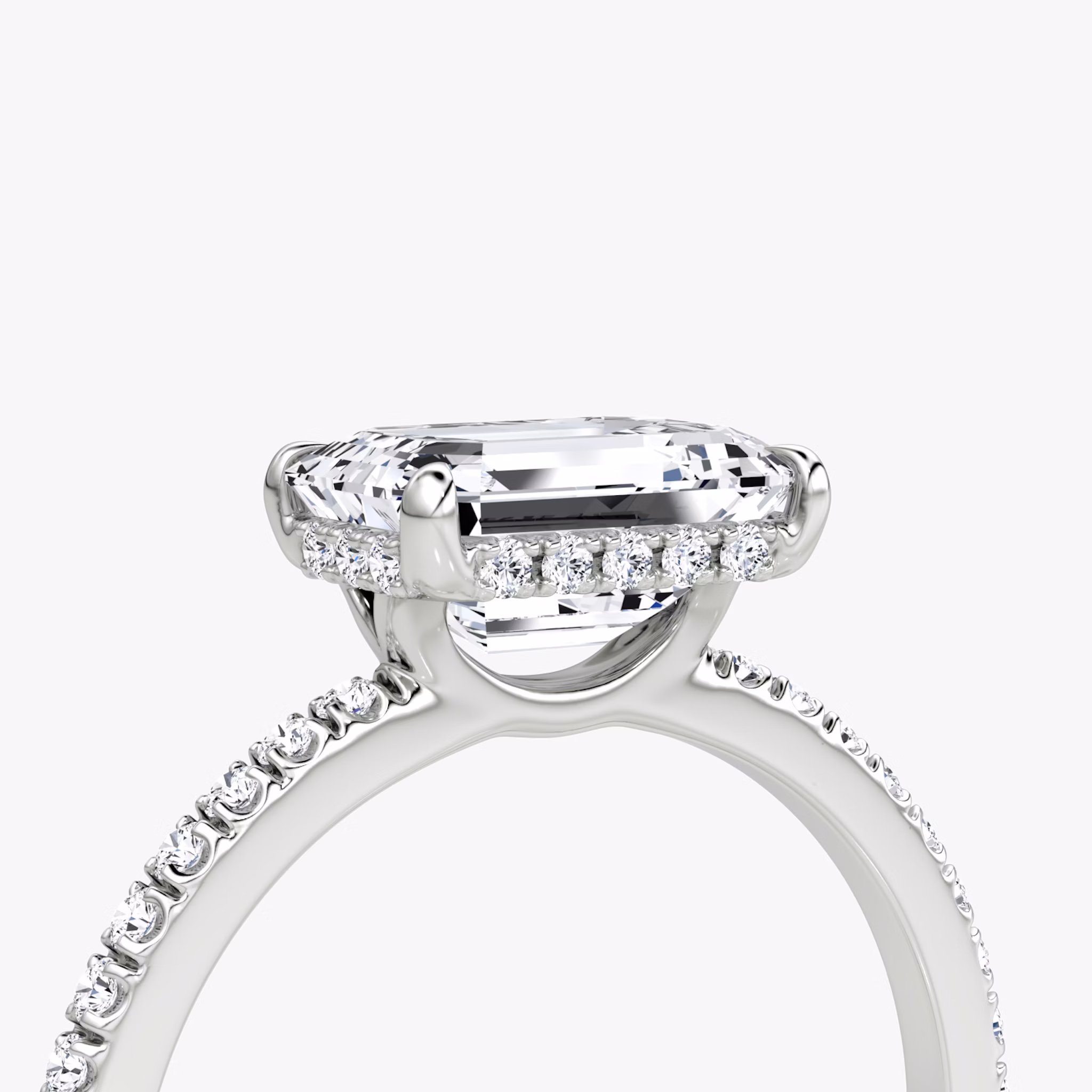 The Signature | Emerald | 18k | White Gold | bandAccent: Pavé | bandWidth: standard | diamondOrientation: horizontal | hiddenHalo: yes | caratWeight: other