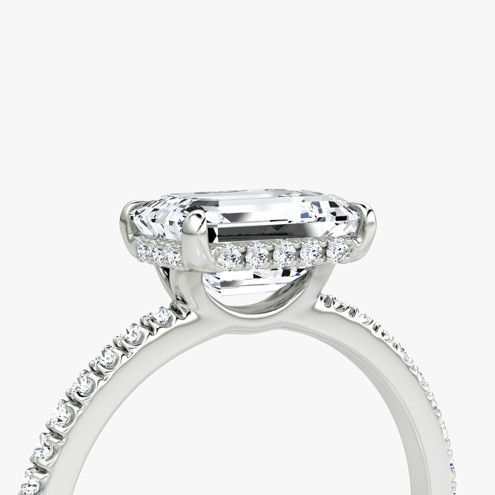 The Signature | Emerald | 18k | White Gold | bandAccent: Pavé | bandWidth: standard | diamondOrientation: horizontal | hiddenHalo: yes | caratWeight: other