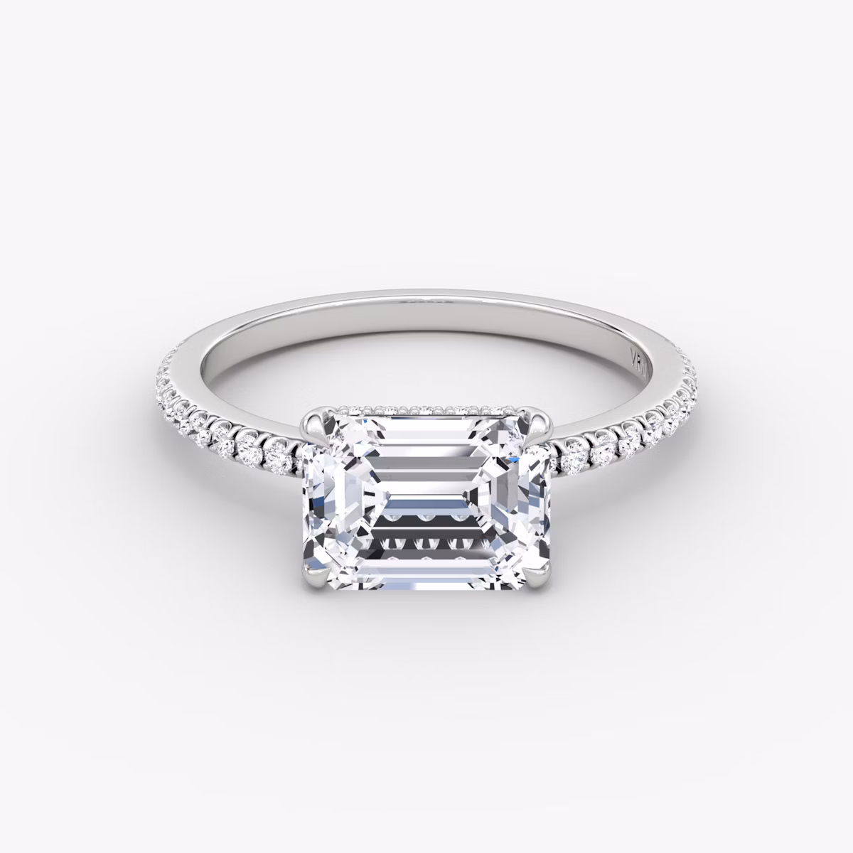The Signature | Emerald | 18k | White Gold | bandAccent: Pavé | bandWidth: standard | diamondOrientation: horizontal | hiddenHalo: yes | caratWeight: other