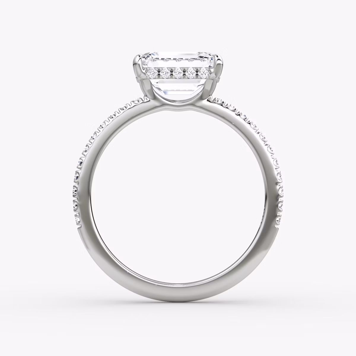 The Signature | Emerald | 18k | White Gold | bandAccent: Pavé | bandWidth: standard | diamondOrientation: horizontal | hiddenHalo: yes | caratWeight: other