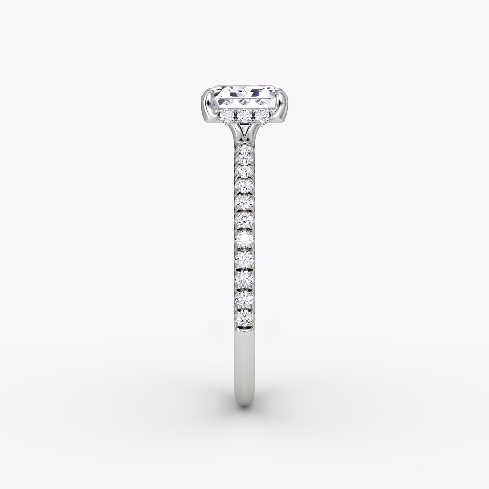 The Signature | Emerald | 18k | White Gold | bandAccent: Pavé | bandWidth: standard | diamondOrientation: horizontal | hiddenHalo: yes | caratWeight: other