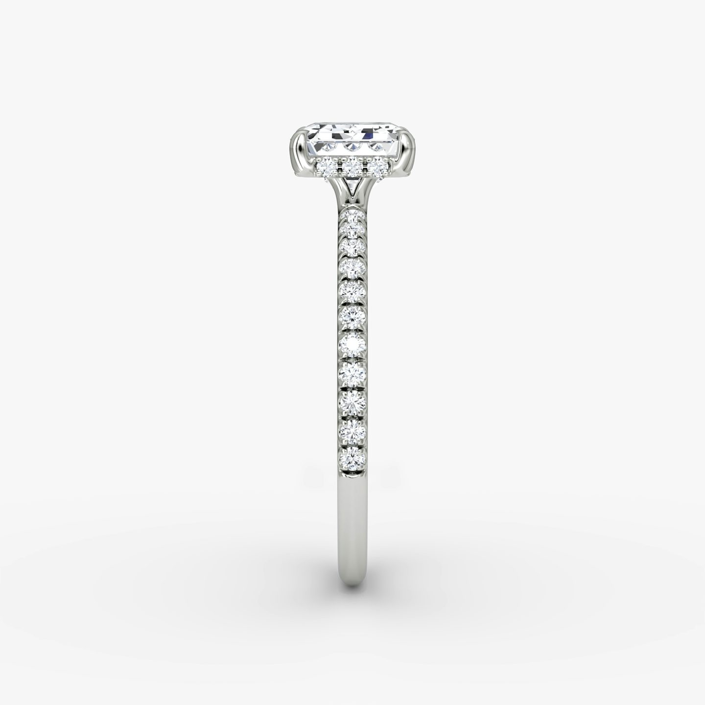 The Signature | Emerald | Platinum | bandAccent: Pavé | bandWidth: standard | diamondOrientation: horizontal | hiddenHalo: yes | caratWeight: other