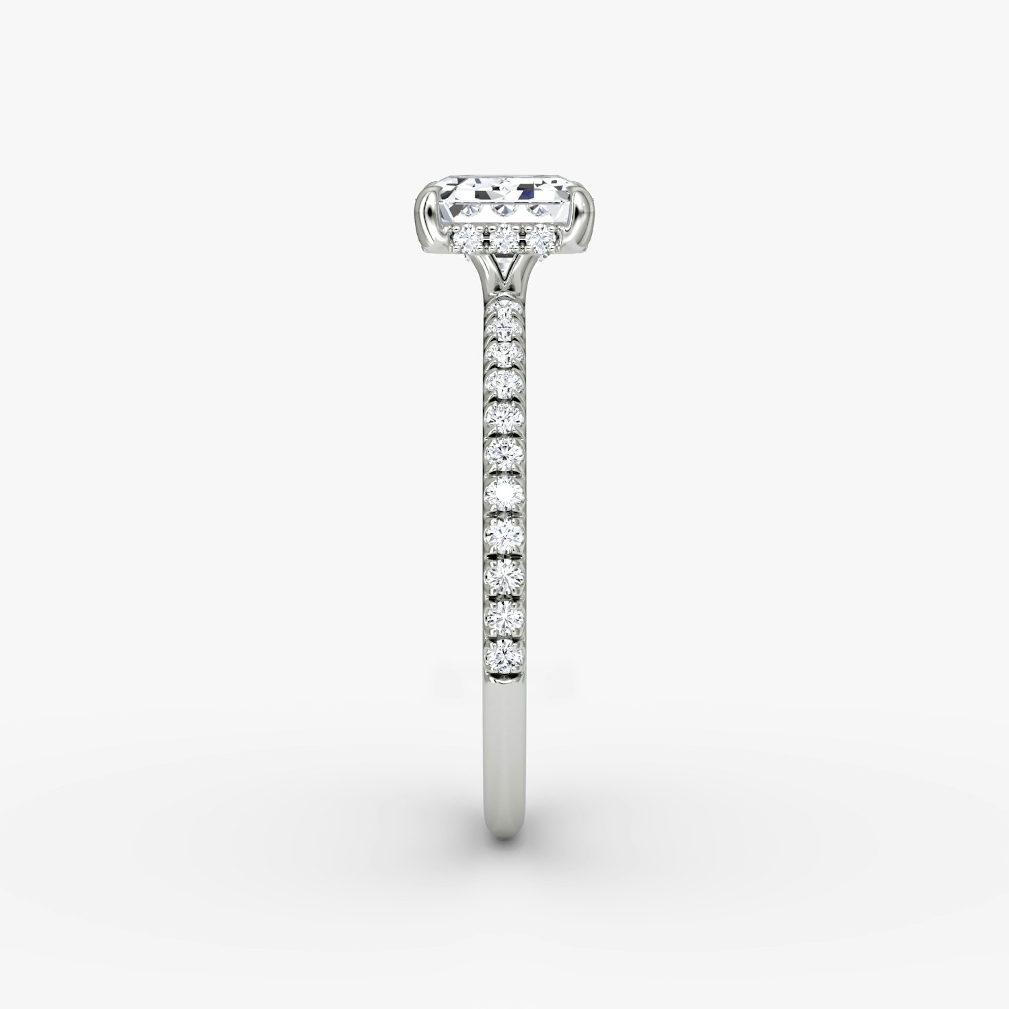 The Signature | Emerald | 18k | White Gold | bandAccent: Pavé | bandWidth: standard | diamondOrientation: horizontal | hiddenHalo: yes | caratWeight: other