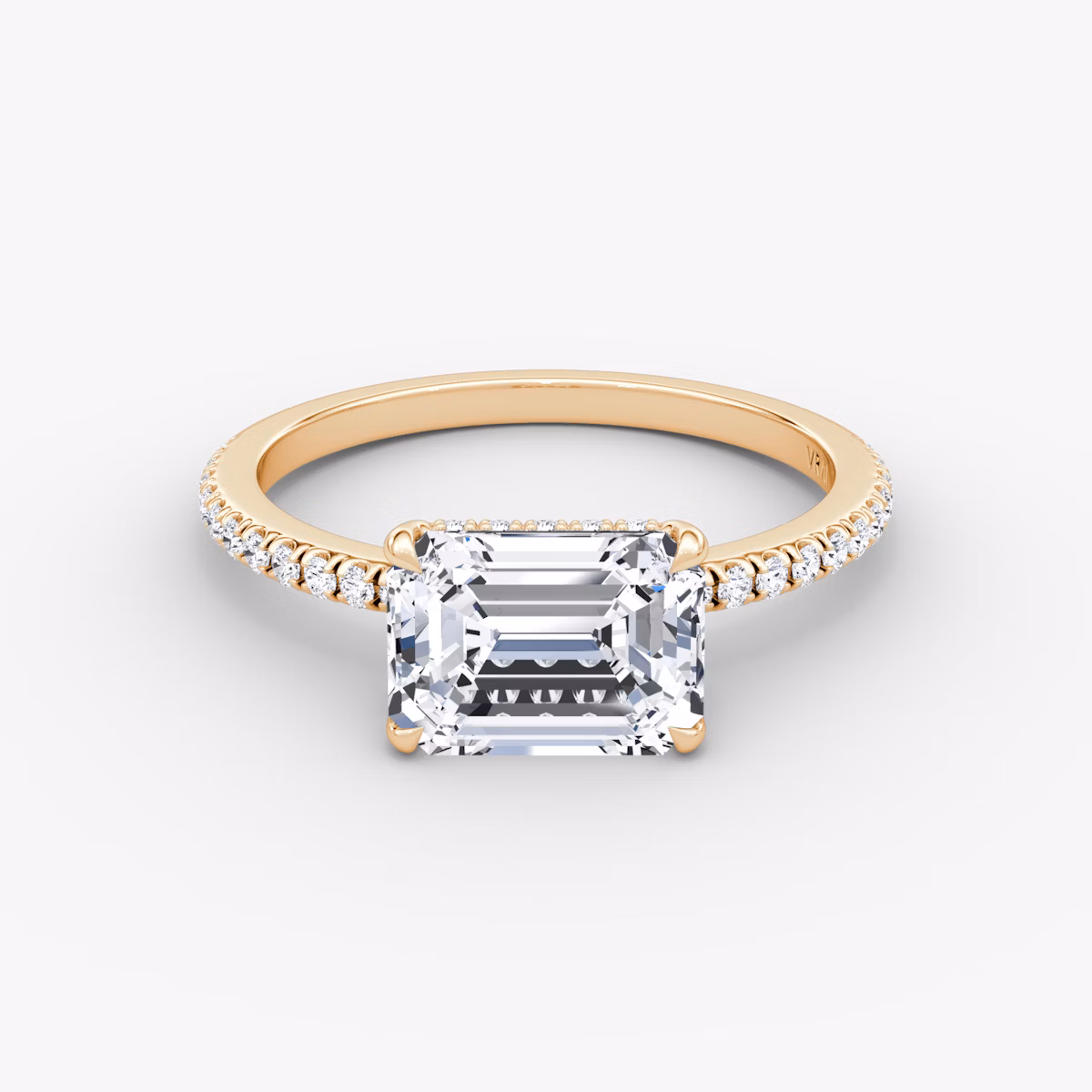 The Signature | Emerald | 14k | Rose Gold | bandAccent: Pavé | bandWidth: standard | diamondOrientation: horizontal | hiddenHalo: yes | caratWeight: other
