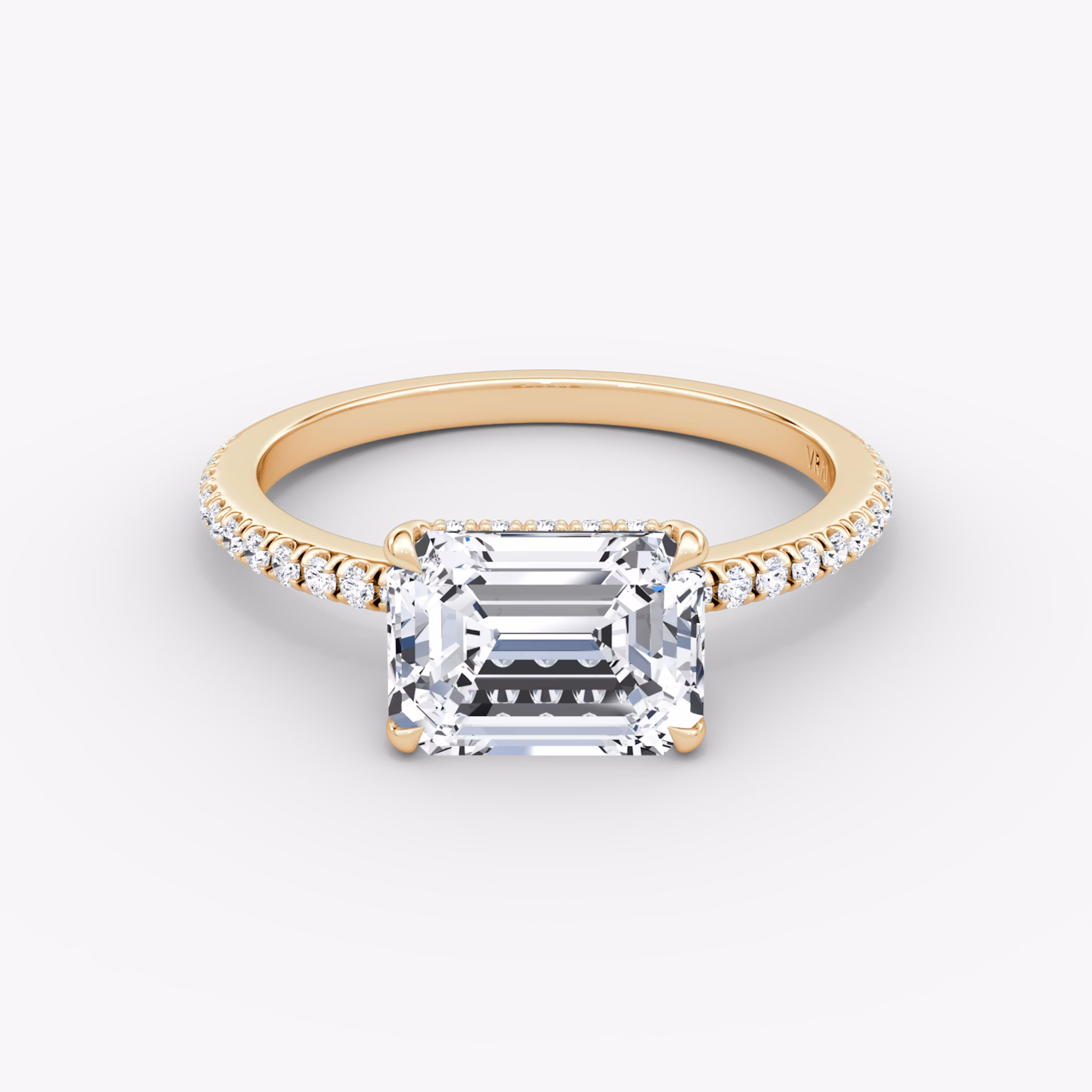 The Signature | Emerald | 14k | Rose Gold | bandAccent: Pavé | bandWidth: standard | diamondOrientation: horizontal | hiddenHalo: yes | caratWeight: other