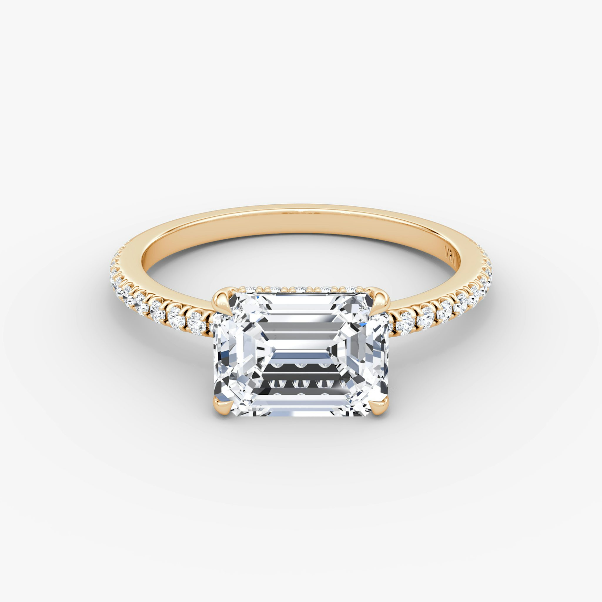 The Signature | Emerald | 14k | Rose Gold | bandAccent: Pavé | bandWidth: standard | diamondOrientation: horizontal | hiddenHalo: yes | caratWeight: other