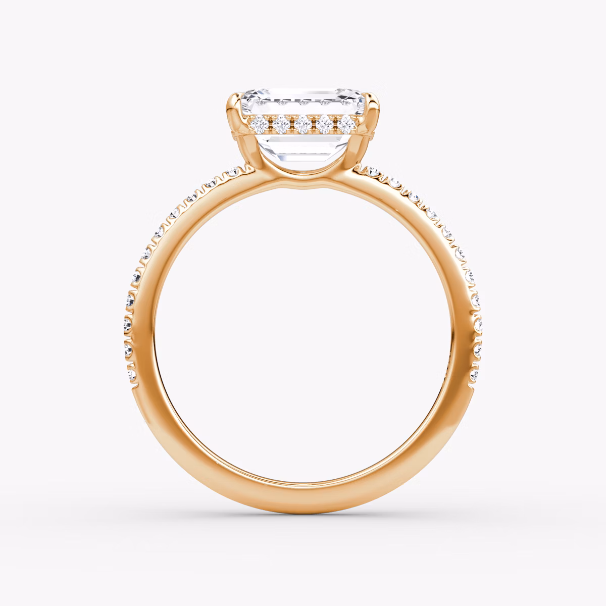 The Signature | Emerald | 14k | Rose Gold | bandAccent: Pavé | bandWidth: standard | diamondOrientation: horizontal | hiddenHalo: yes | caratWeight: other
