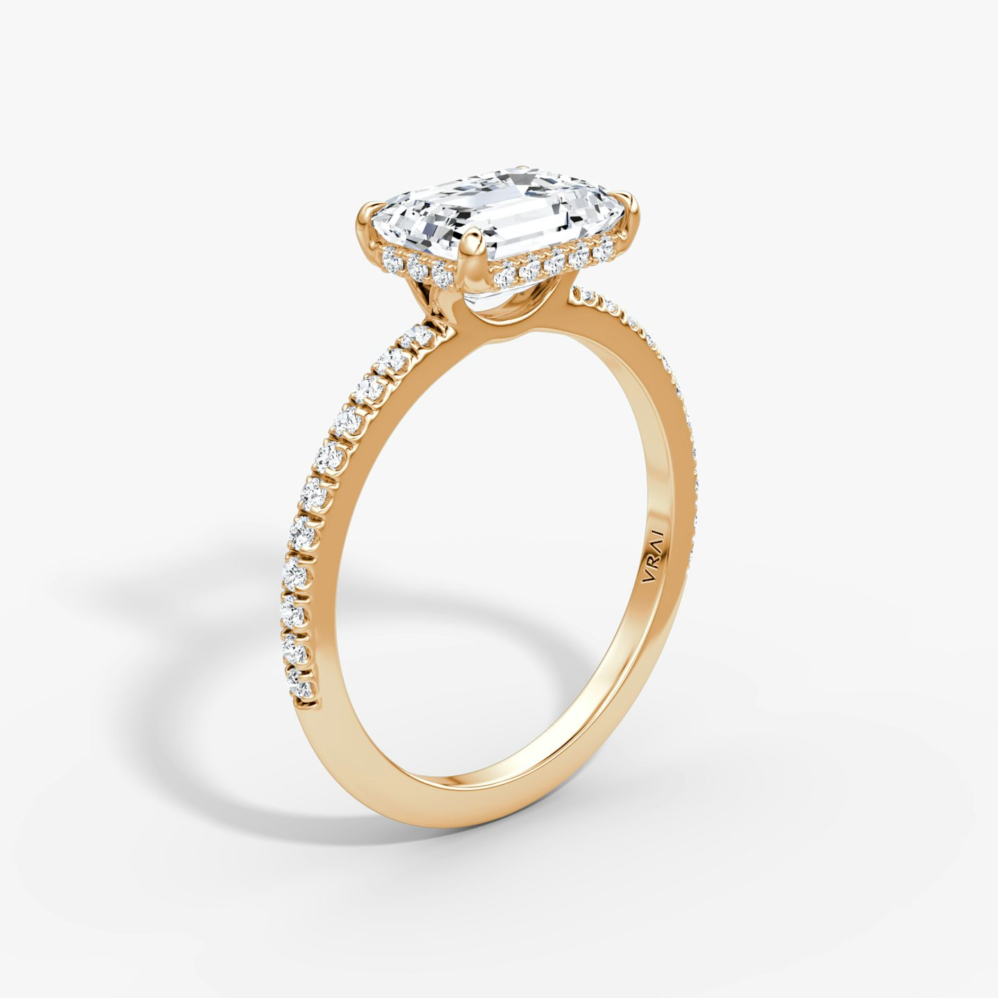 The Signature | Emerald | 14k | Rose Gold | bandAccent: Pavé | bandWidth: standard | diamondOrientation: horizontal | hiddenHalo: yes | caratWeight: other