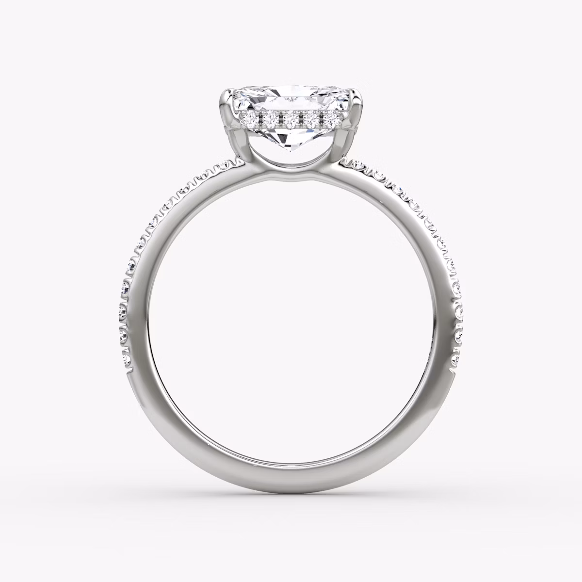 The Signature | Radiant | Platinum | bandAccent: Pavé | bandWidth: standard | diamondOrientation: horizontal | hiddenHalo: yes | caratWeight: other