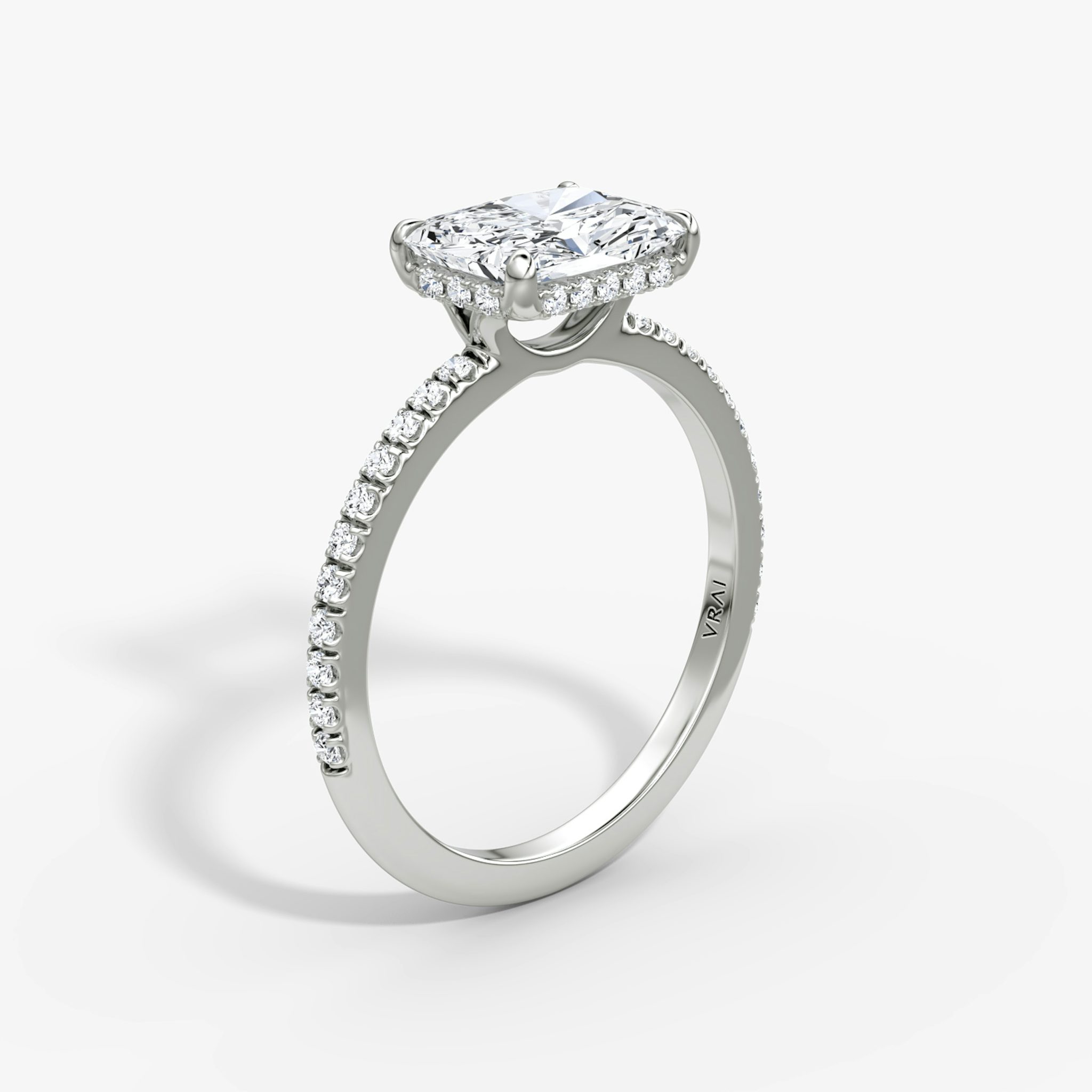The Signature | Radiant | 18k | White Gold | bandAccent: Pavé | bandWidth: standard | diamondOrientation: horizontal | hiddenHalo: yes | caratWeight: other