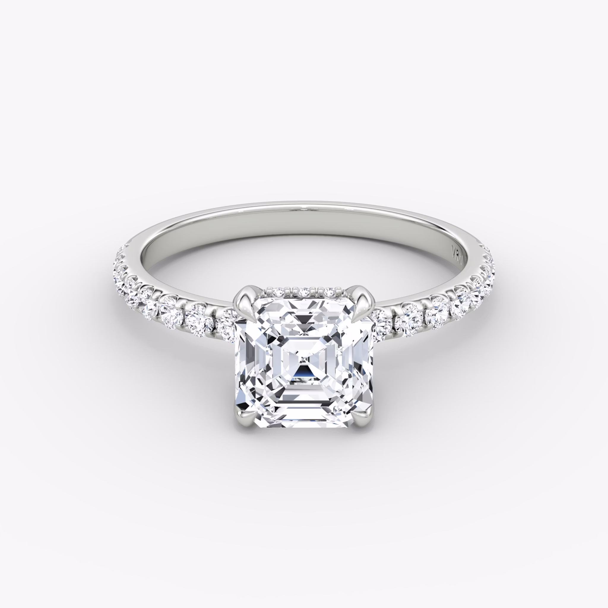 The Classic Hidden Halo | Asscher | 18k | White Gold | bandAccent: Pavé | bandWidth: large | prongStyle: Plain | diamondOrientation: vertical | caratWeight: other