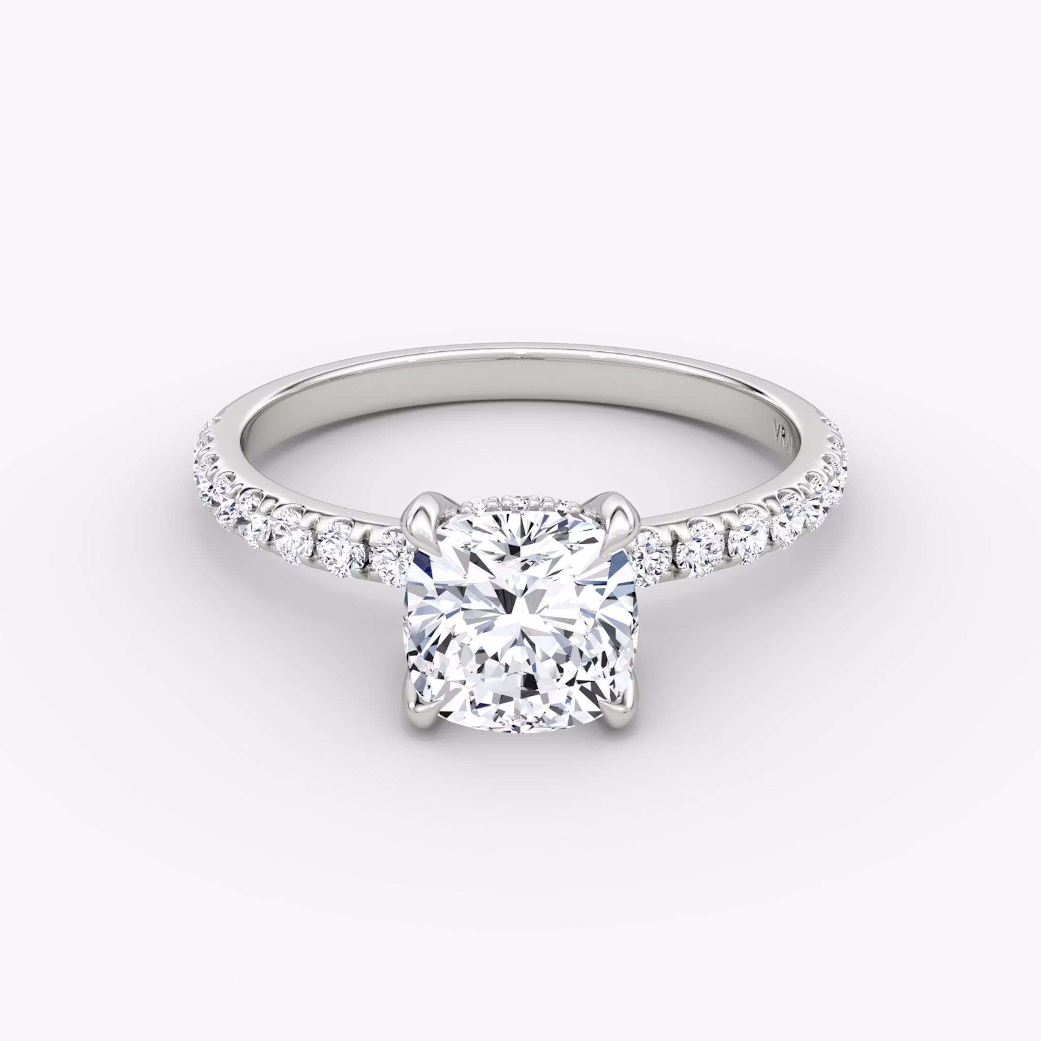 The Classic Hidden Halo | Cushion | 18k | White Gold | bandAccent: Pavé | bandWidth: large | prongStyle: Plain | diamondOrientation: vertical | caratWeight: other