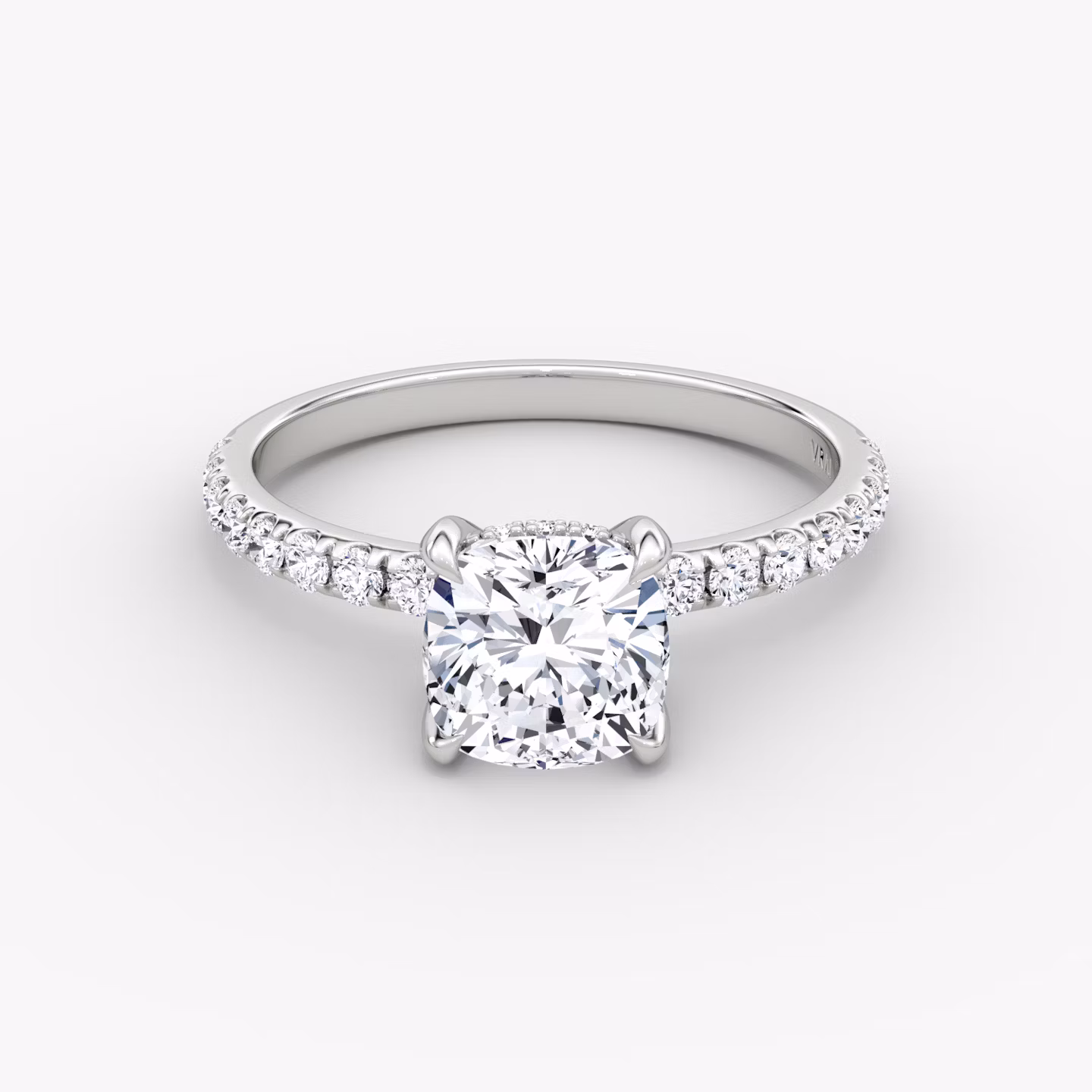 The Classic Hidden Halo | Cushion | Platinum | bandAccent: Pavé | bandWidth: large | prongStyle: Plain | diamondOrientation: vertical | caratWeight: other