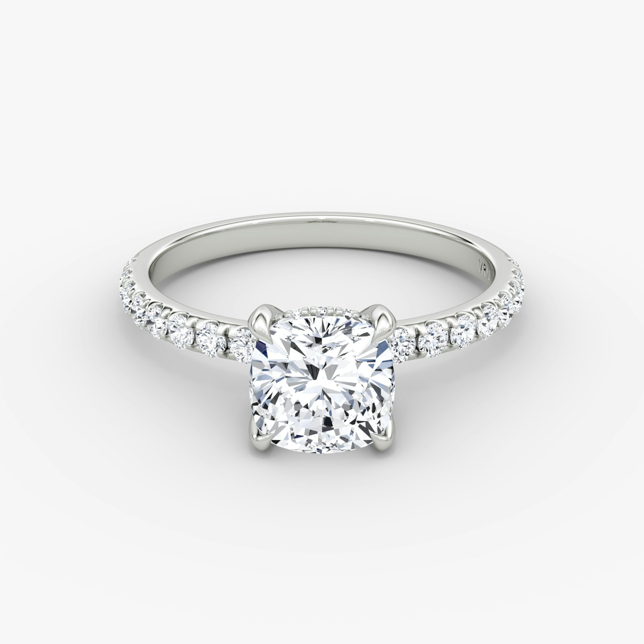 The Classic Hidden Halo | Cushion | 18k | White Gold | bandAccent: Pavé | bandWidth: large | prongStyle: Plain | diamondOrientation: vertical | caratWeight: other