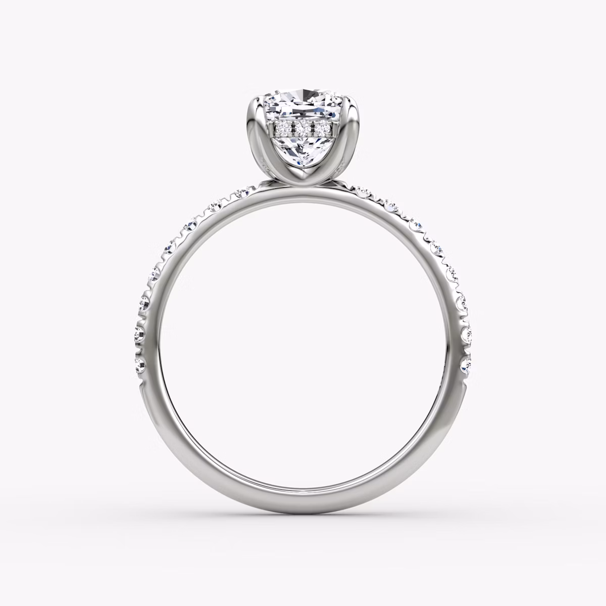 The Classic Hidden Halo | Cushion | 18k | White Gold | bandAccent: Pavé | bandWidth: large | prongStyle: Plain | diamondOrientation: vertical | caratWeight: other