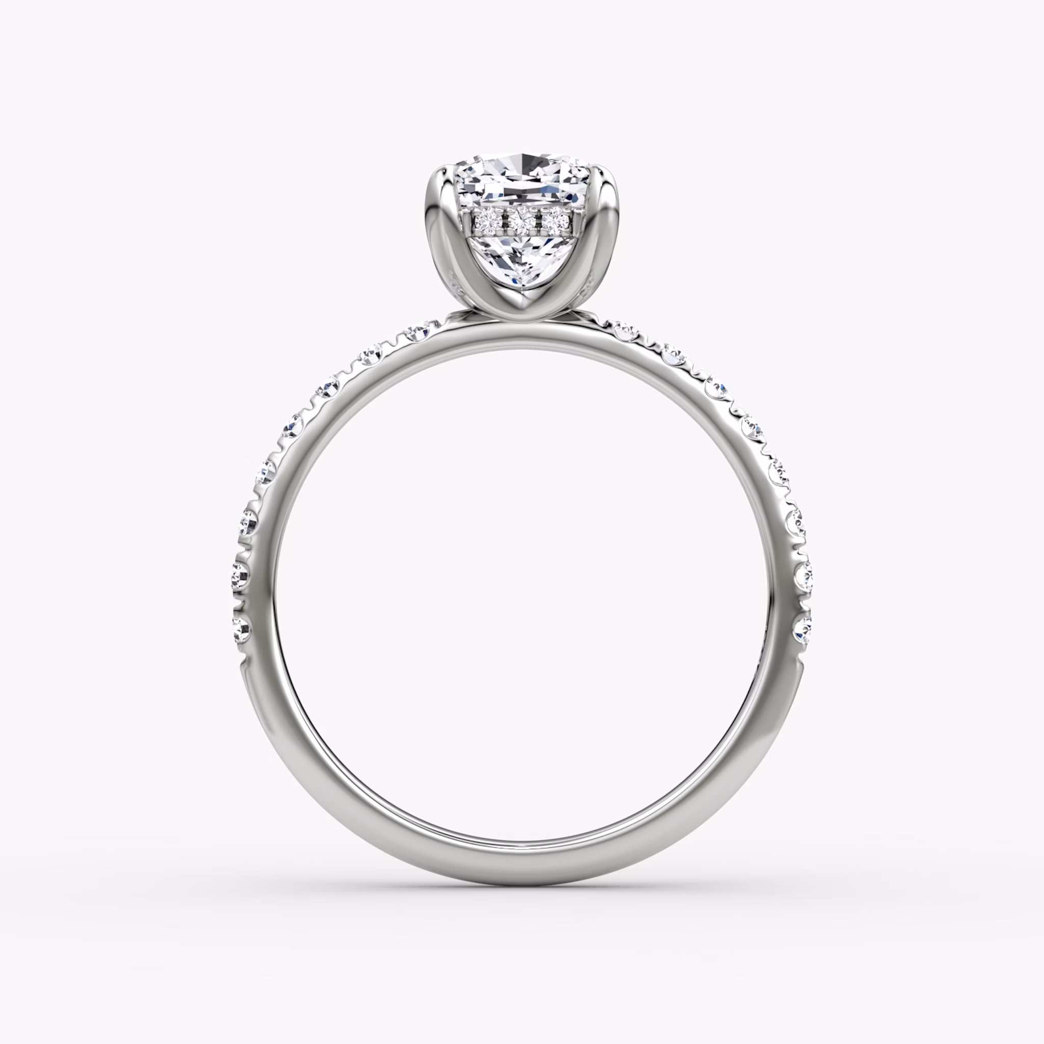 The Classic Hidden Halo | Cushion | 18k | White Gold | bandAccent: Pavé | bandWidth: large | prongStyle: Plain | diamondOrientation: vertical | caratWeight: other