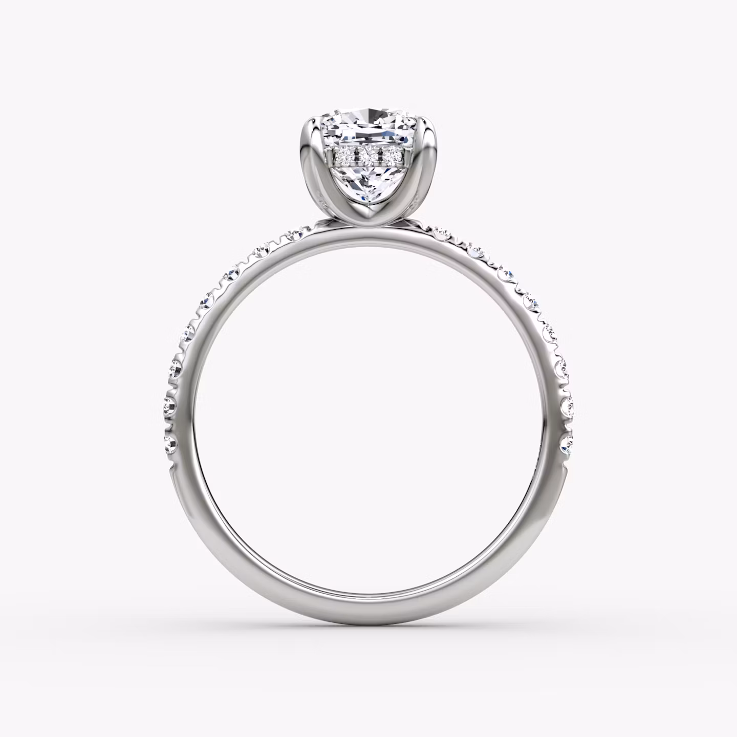 The Classic Hidden Halo | Cushion | Platinum | bandAccent: Pavé | bandWidth: large | prongStyle: Plain | diamondOrientation: vertical | caratWeight: other