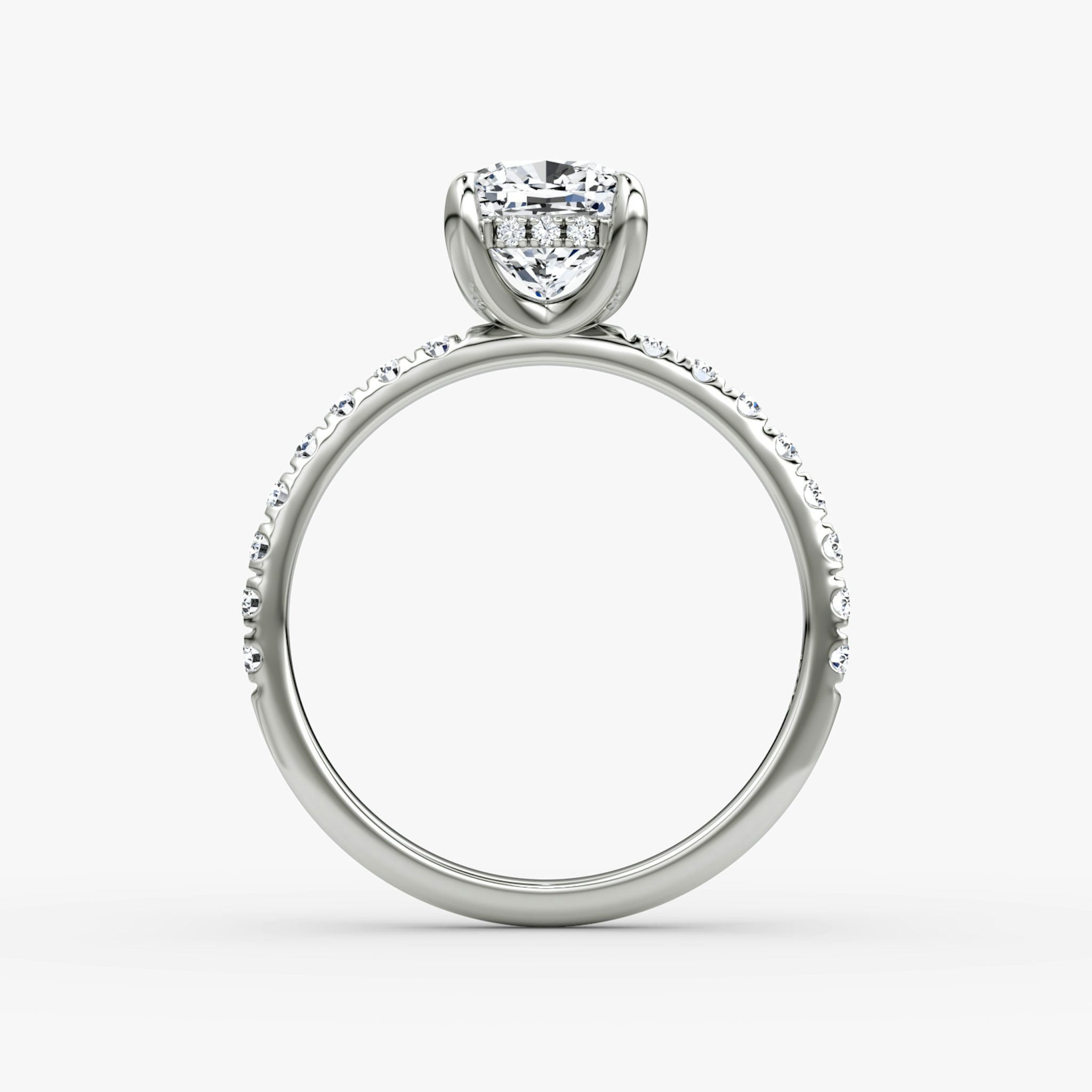 The Classic Hidden Halo | Cushion | 18k | White Gold | bandAccent: Pavé | bandWidth: large | prongStyle: Plain | diamondOrientation: vertical | caratWeight: other