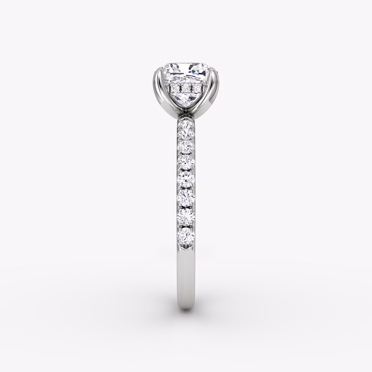 The Classic Hidden Halo | Cushion | 18k | White Gold | bandAccent: Pavé | bandWidth: large | prongStyle: Plain | diamondOrientation: vertical | caratWeight: other