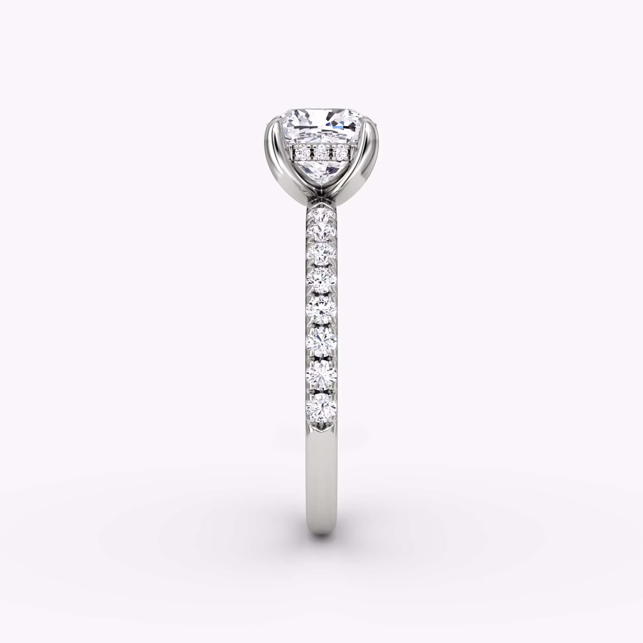 The Classic Hidden Halo | Cushion | 18k | White Gold | bandAccent: Pavé | bandWidth: large | prongStyle: Plain | diamondOrientation: vertical | caratWeight: other