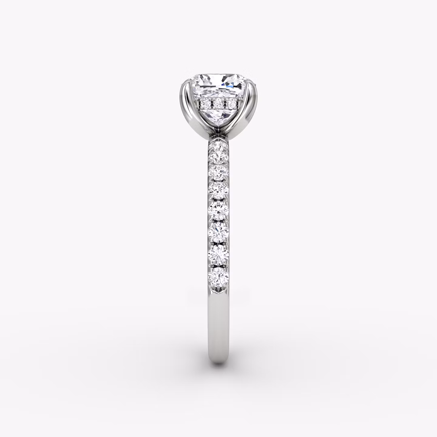 The Classic Hidden Halo | Cushion | Platinum | bandAccent: Pavé | bandWidth: large | prongStyle: Plain | diamondOrientation: vertical | caratWeight: other